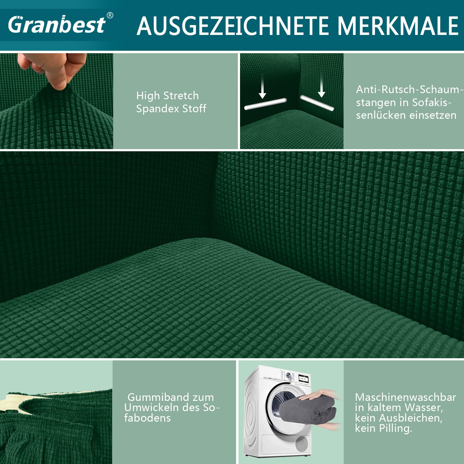 Granbest - Copridivano altamente elasticizzato, moderno, jacquard, per soggiorno, protezione per cani e animali domestici, 4 posti, verde scuro
