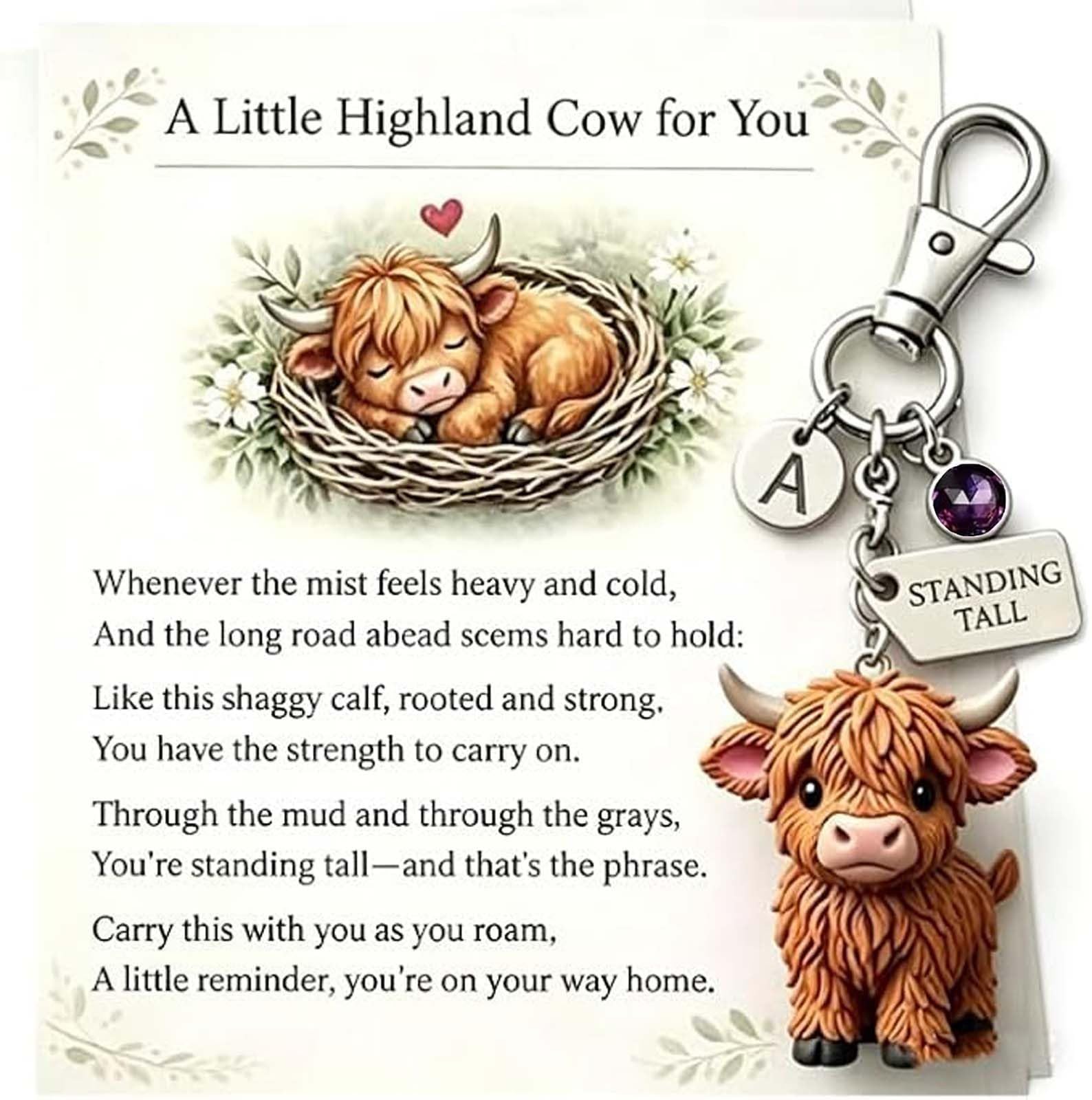 Géneric Highland Cow Keychain, A Little Highland Cow for You Keychain: Your Daily Reminder of Quiet Strength, Cute 3D Resin Tiny Cow Key Ring With Birthstone and Sentiment Card (B,February)