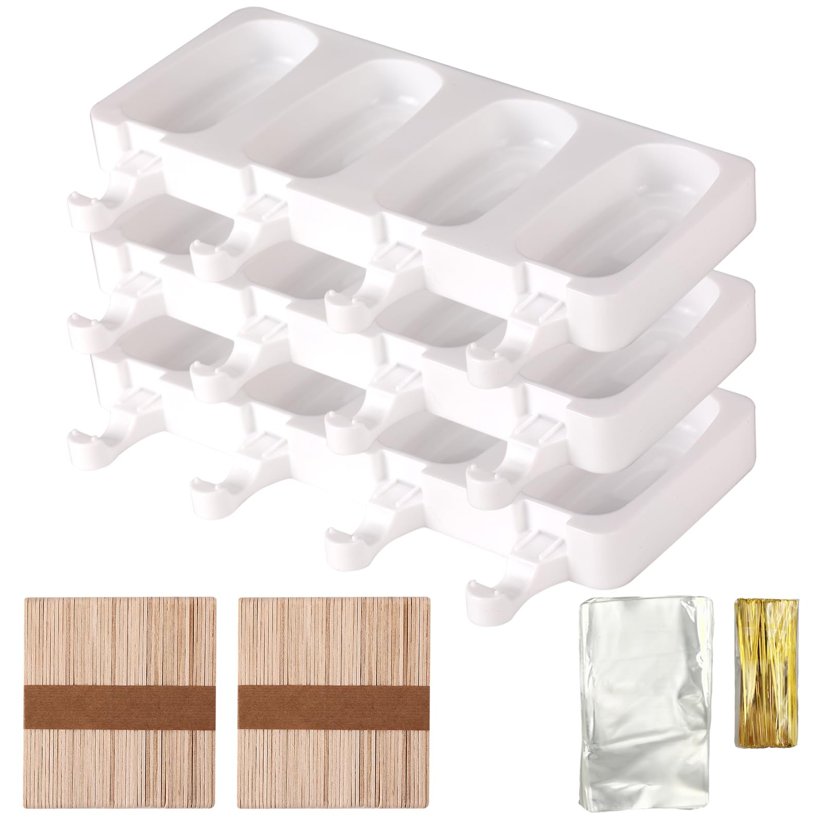 Moules à Glace en Silicone, Moule Magnum Cake, Moule Glace à l'eau réutilisables, Faciles à Démouler, sans BPA, avec 100 sachets + 100 bâtons + 100 bande d'étanchéité (A)