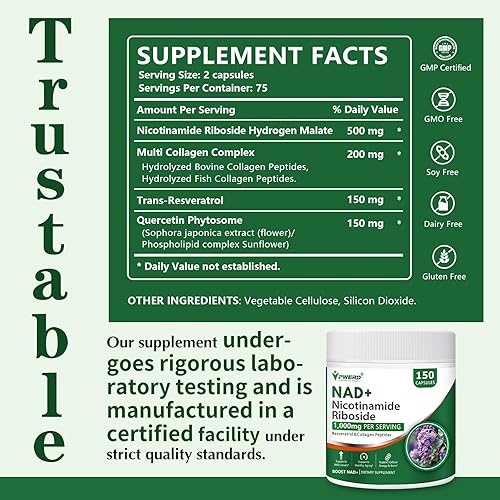 Miniatura 2 de 150Cápsulas NAD Trans Resveratrol 1000mg Plus Suplemento Nutricional Puro Orgánico para Mujeres, Suplemento Nmn 1000MG NAD NAD NAD Ribosida Ribosida