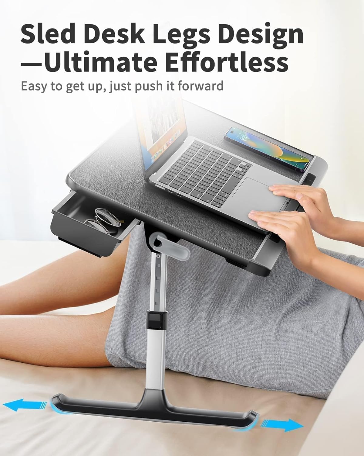 SAIJI Laptop Bed Tray Table - 23.6" x 13" Adjustable Portable Standing Desk with Storage Drawer, Foldable Lap Desk Fits 17" Laptop, PVC Leather for Couch Sofa (Dark Black)