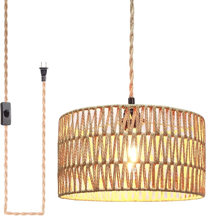 Garvot Plug in Pendant Light Rattan Hanging Lamp, Rattan Pendant Light with on/Off Switch,Rattan Woven LampShade Hanging Lamp Plug in for Living Room,Bedroom,Farmhouse - Amazon.com