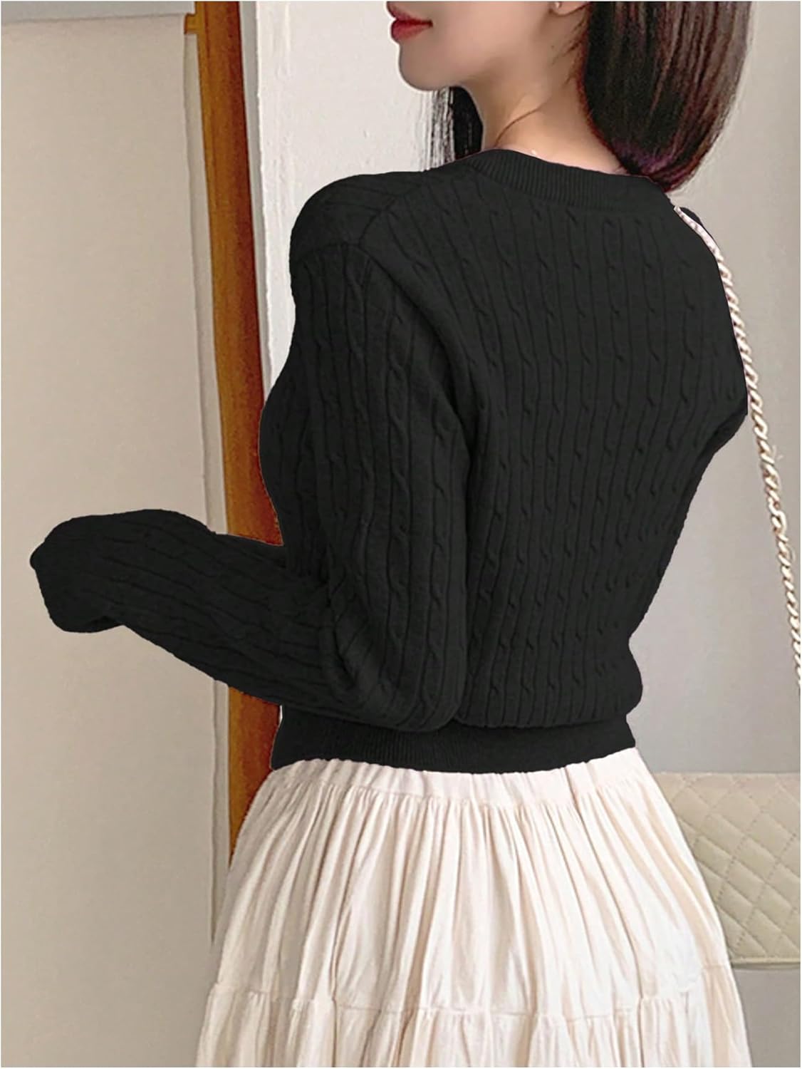Women's Cable Knit Button Down Cardigans Slim Fit Crew Neck Sweaters Fall Tops - Image 4