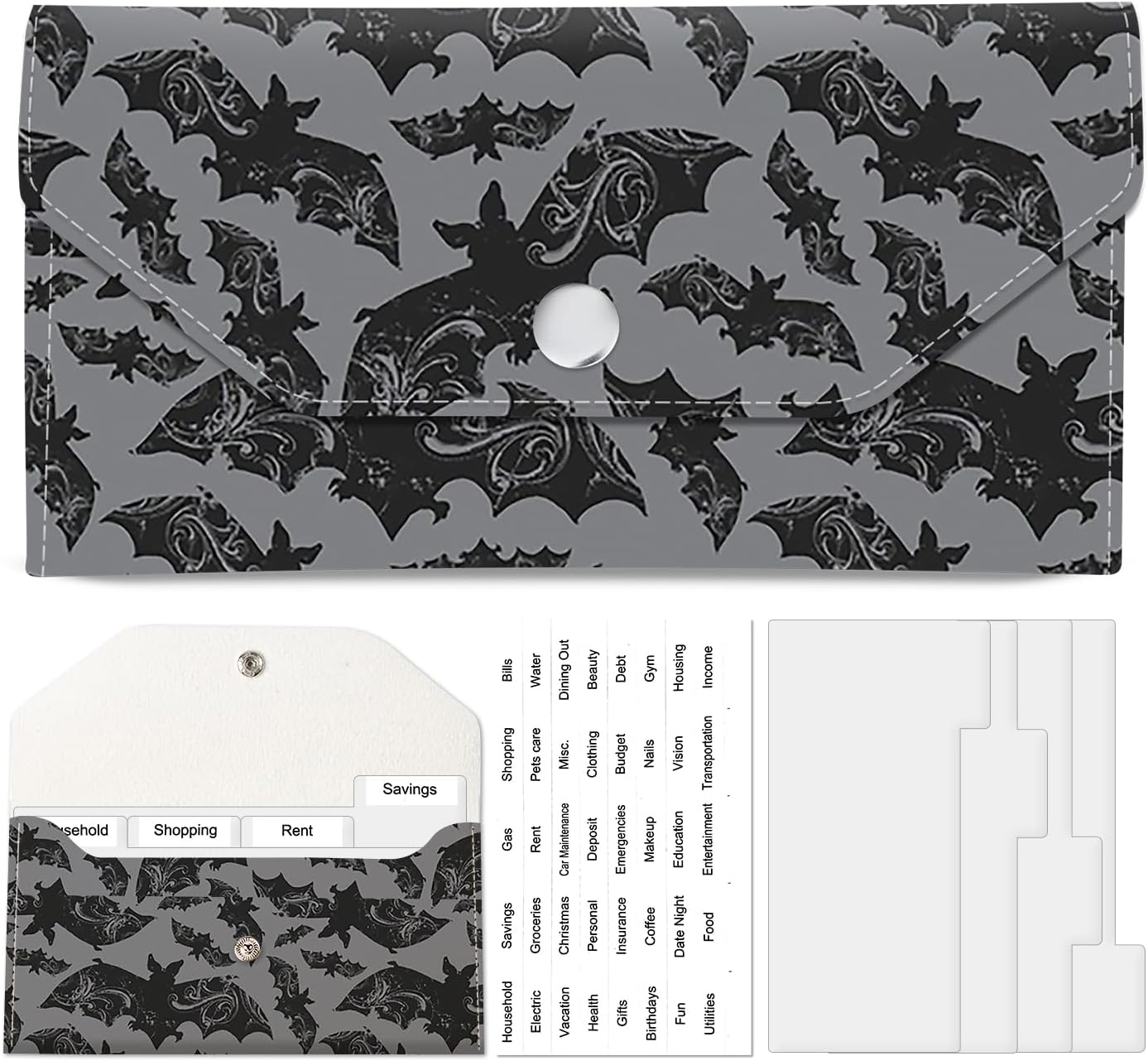 Cash Envelope Wallet, Reusable Budget Money Wallet, Cute PU Leather Money Saving Wallet with 4 Dividers & 1 Sheet Category Stickers Black Bats