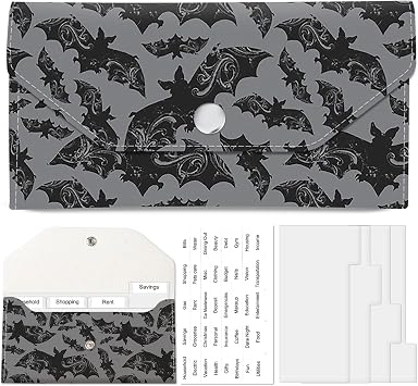 Cash Envelope Wallet, Reusable Budget Money Wallet, Cute PU Leather Money Saving Wallet with 4 Dividers & 1 Sheet Category Stickers Black Bats
