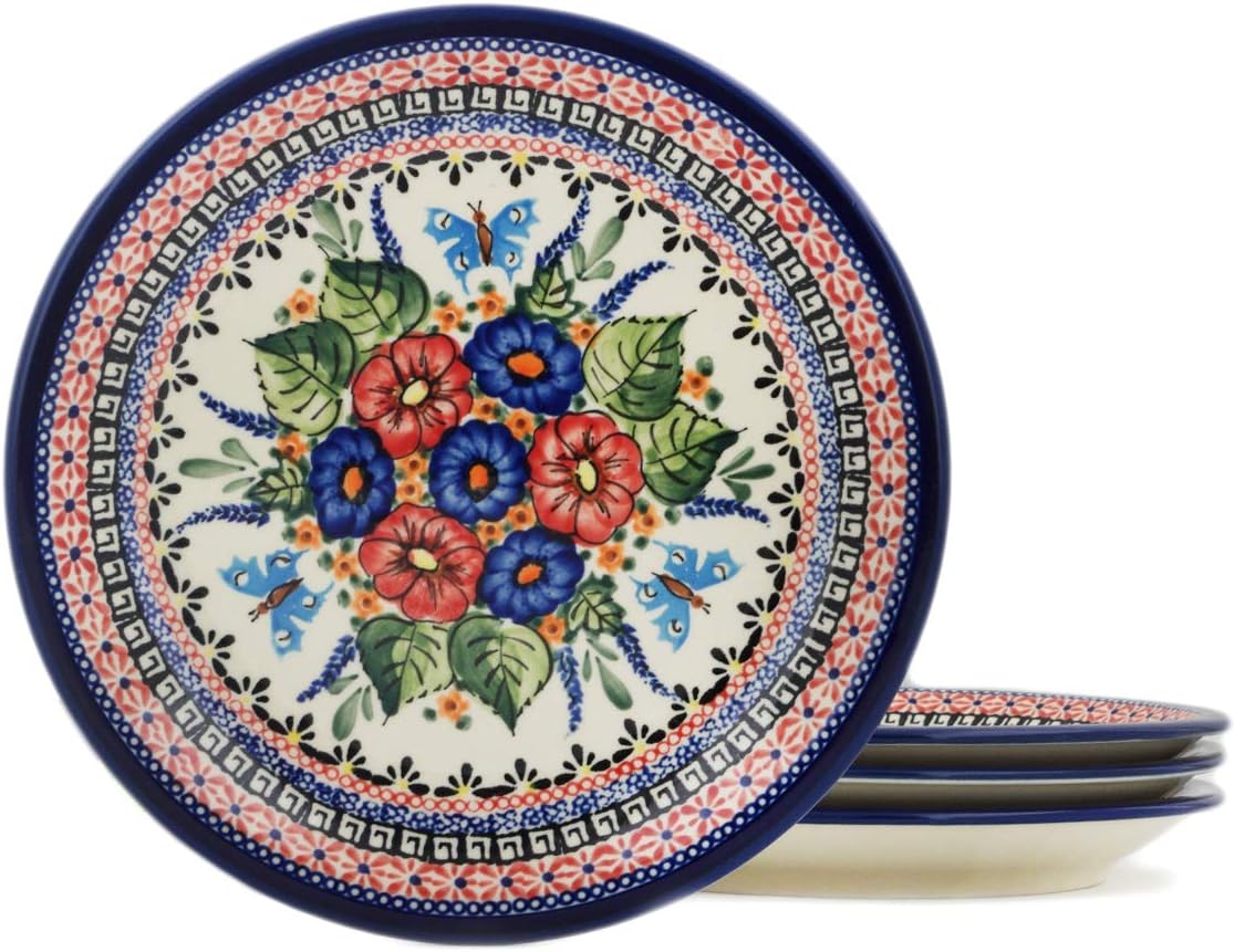 Polmedia Polish Pottery 4-Piece Set of Luncheon Plates UNIKAT - Spring Splendor Pattern Handmade in Boleslawiec Poland + Certificate of Authenticity