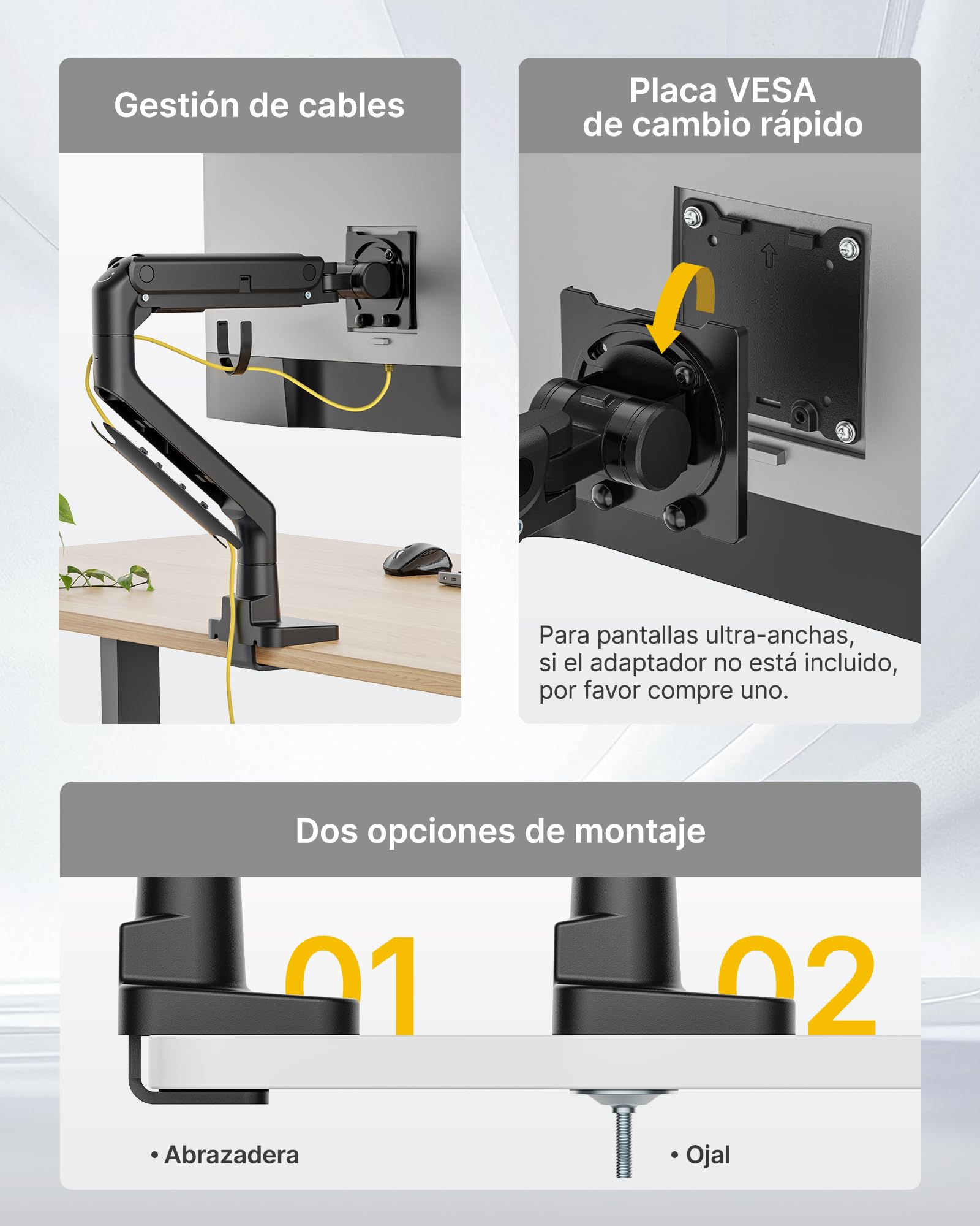 monTEK Soporte Monitor Reforzado para 17-57", hasta 27 kg | Brazo con resorte de gas, altura ajustable y movimiento completo para monitores ultrapanorámicos, VESA 75x75/100x100, negro.