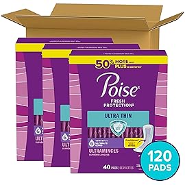 Poise Ultra Thin Incontinence Pads & Postpartum Pads for Bladder Leaks, 6 Drop Ultimate Absorbency, Long Length, 120 Count (3 Packs of 40), Packaging May Vary