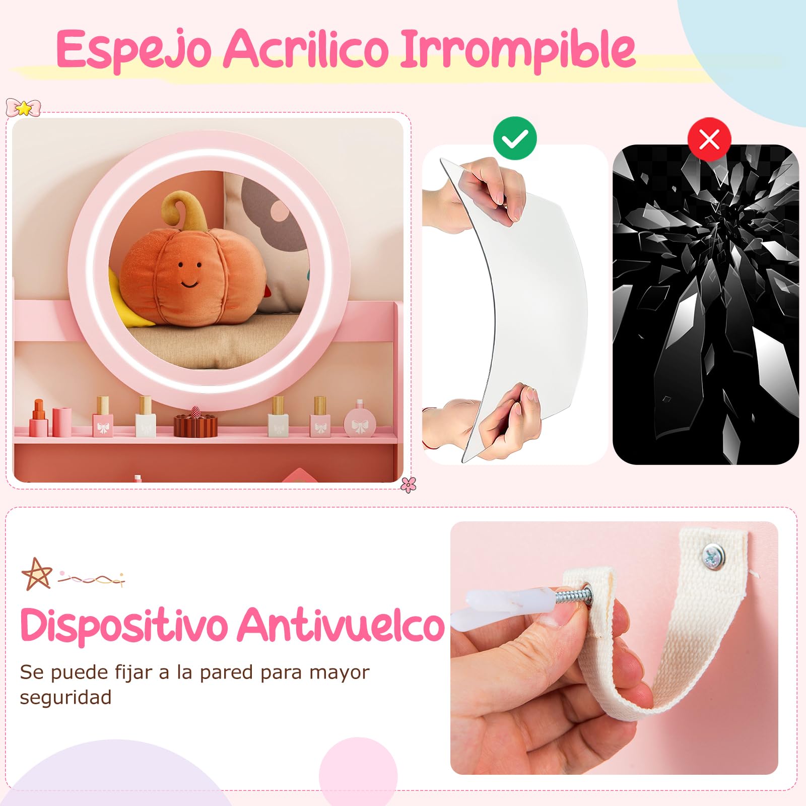 COSTWAY Tocador Niña con Espejo y Luces, Tocador de Maquillaje de Princesa con Estantes Abiertos, Ranuras para Anillos y Taburete Tapizado, Mesa de Maquillaje para Niñas (Rosa)
