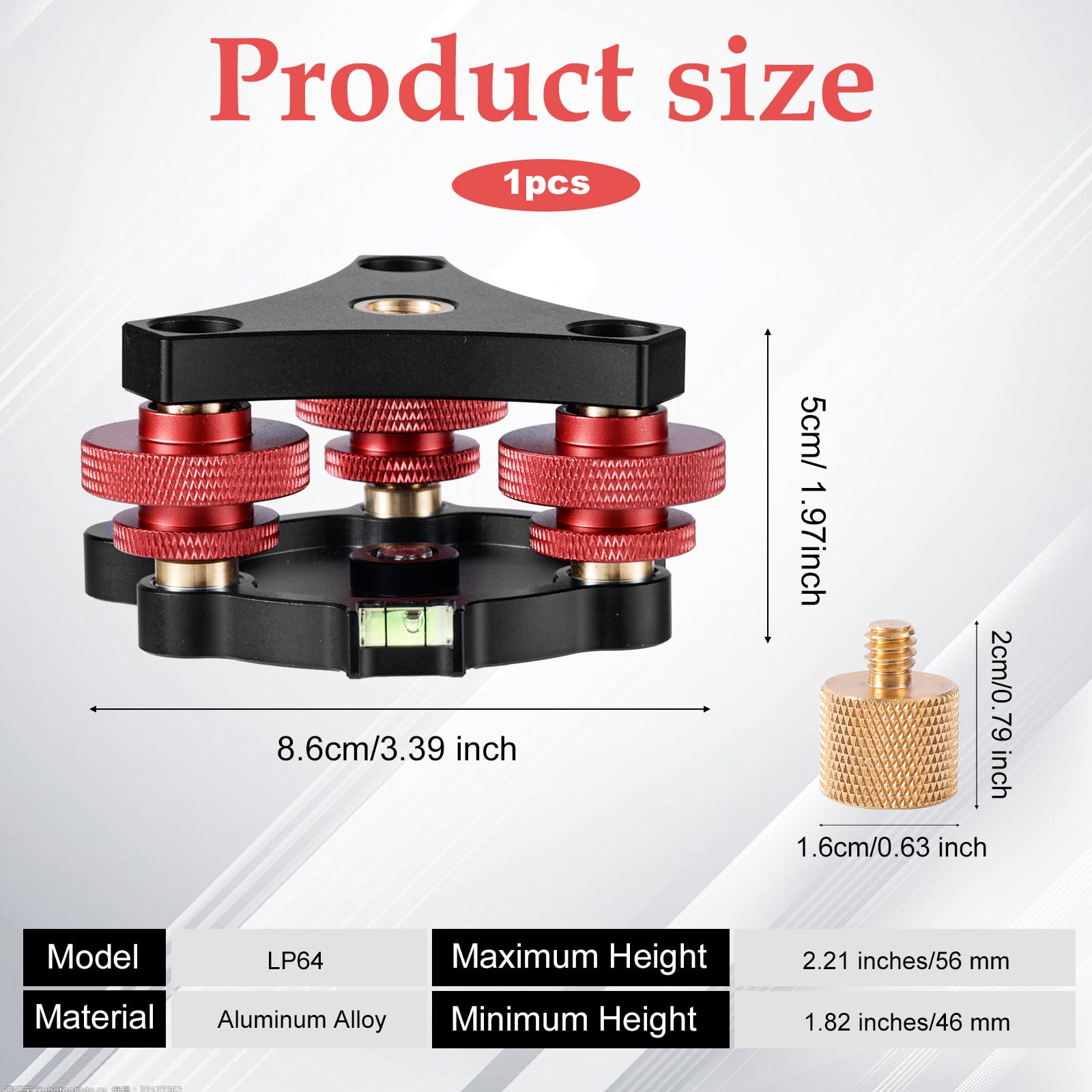 Gosknor Base Livellamento Treppiede con Adattatore per Staffa da 3/8 a 1/4, Testa a Tre Ruote Tres Assi Filettatura da 3/8" Regolazione di Precisione +/-5°per Fotografia Panoramica Macro LP64