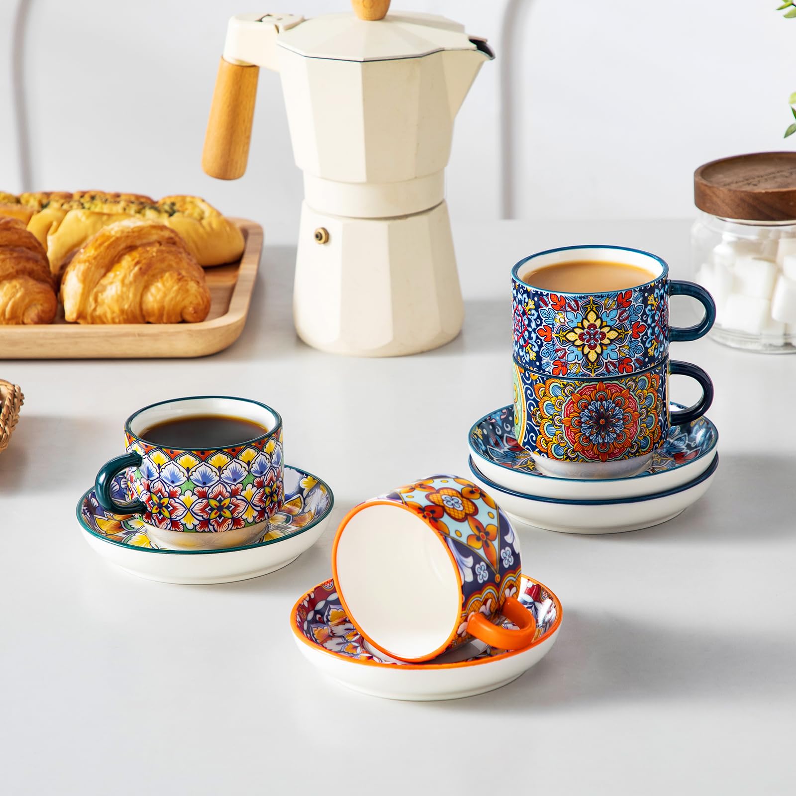vancasso SIMI - Lot de 8 Tasses à Café avec Soucoupes (150ml) - Service à Café pour 4 Personnes - Porcelaine Résistante pour Expresso, Cappuccino - Design Bohème - Lavable au Micro-ondes
