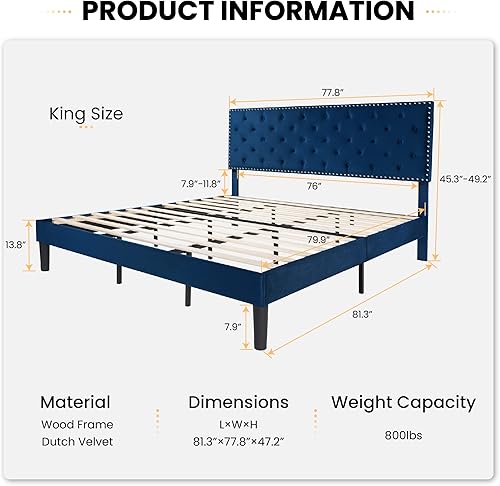 Miniatura 64 de SHA CERLIN Base de cama de terciopelo tamaño Queen con cabecera ajustable, botón de diamante y decoración de remaches, no necesita somier, color