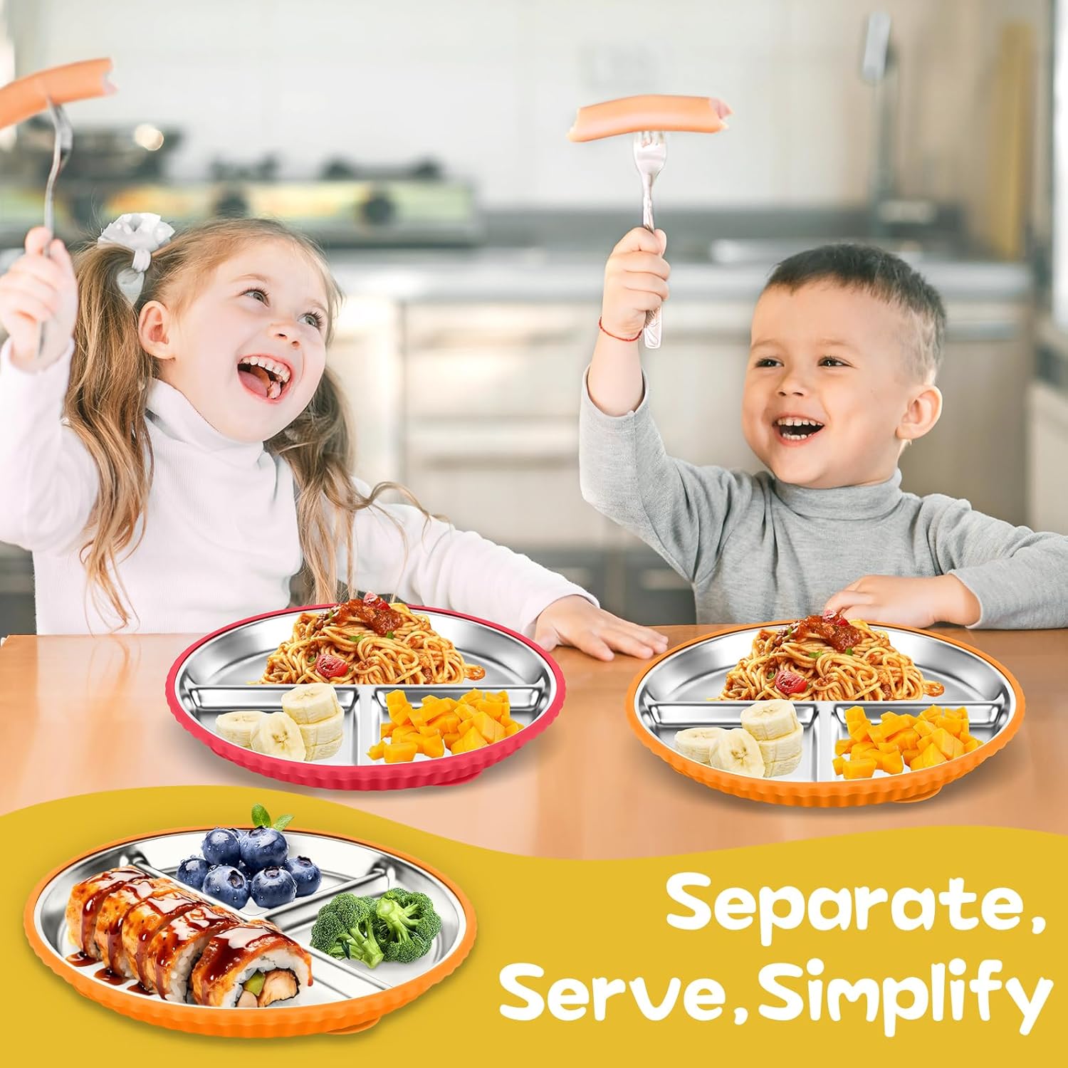 Stainless Steel Kids Plates with Suction, 2Pack 9" Divided Toddler Plates Removable Non Slip Silicone Sleeves Baby Feeding Led Weaning Supplies, BPA Free, Unbreakable Dishwasher Safe - Image 7
