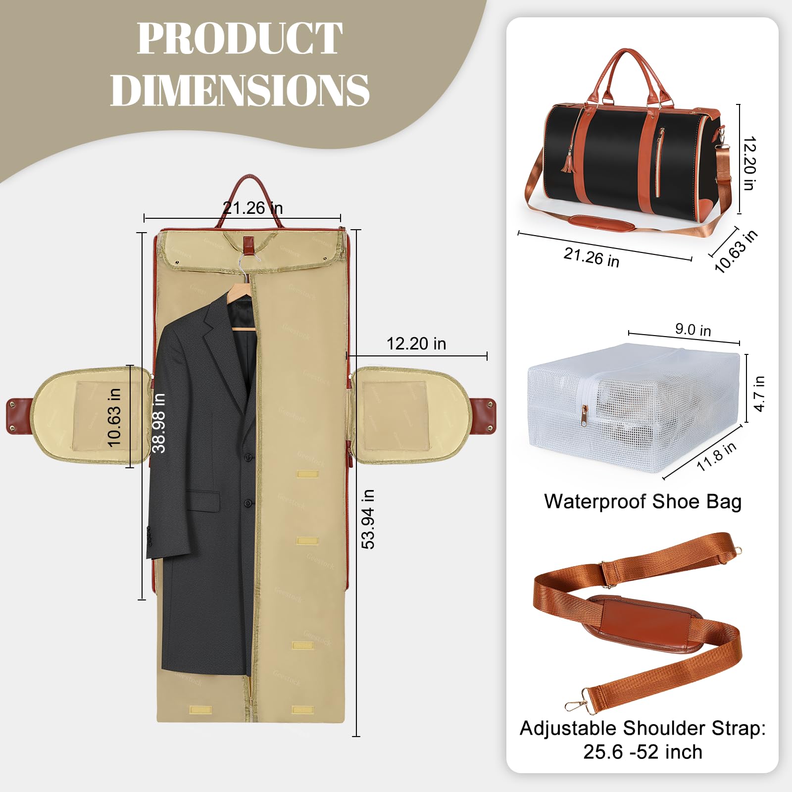 Geestock Sac à Vêtements pour Femme, Sac De Voyage Pliable, Sac de Costume Convertible avec Compartiment à Chaussures pour Voyages d'affaires, Mariages & Vacances (Noir)