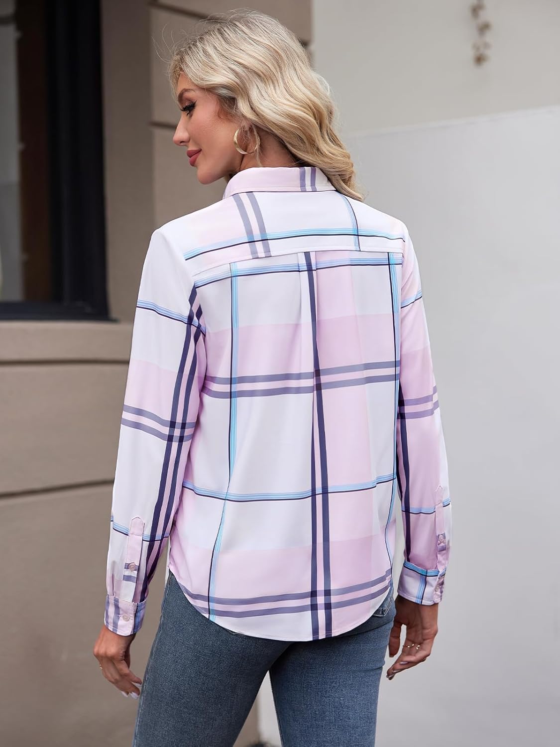 Women's Button Down Shirts Plaid Long Sleeve Dress Shirt Collared Fitted Blouses Wrinkle Free Casual Office Work Tops - Image 3