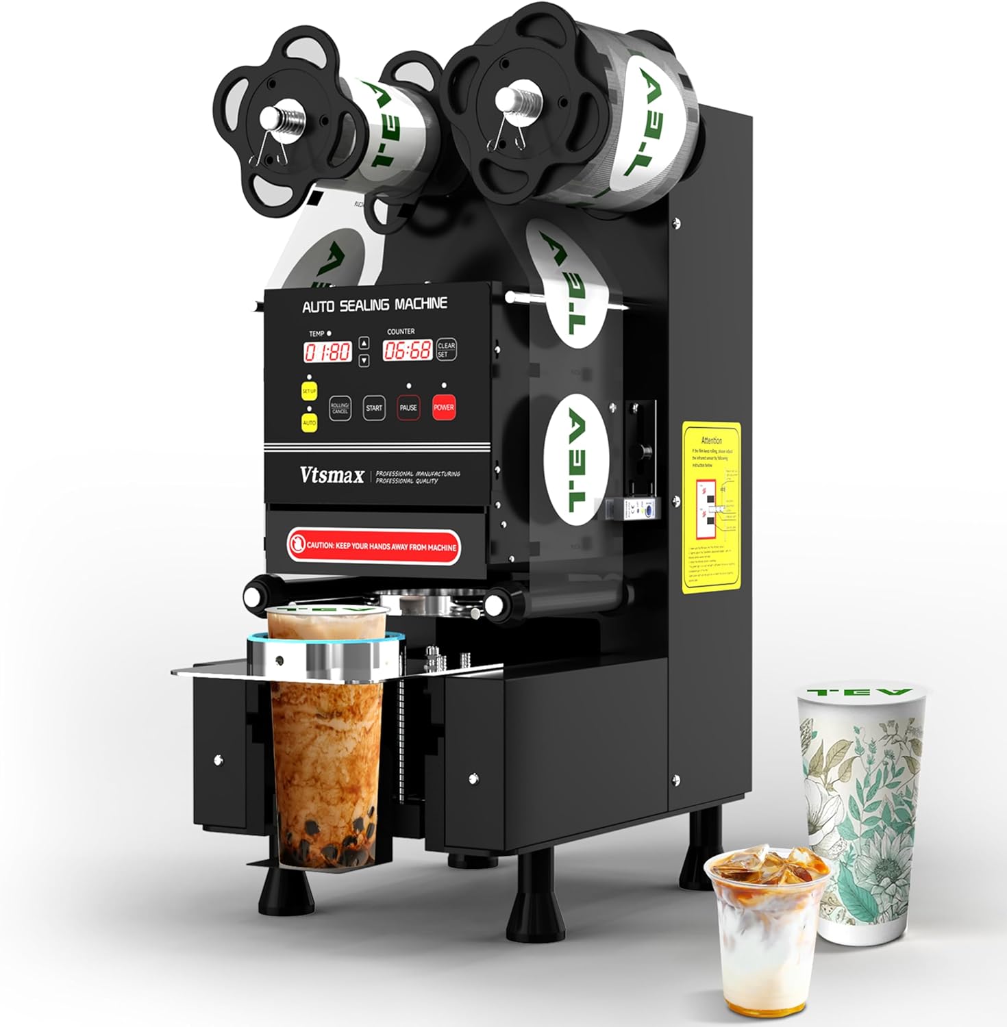 Cup Sealer Machine 90/95mm Cup Sealing Machine 500-700 Cups/H Electric Sealing Machine with Automatic Counting LCD Panel for Bubble Milk Tea Juice Coffee (Black)