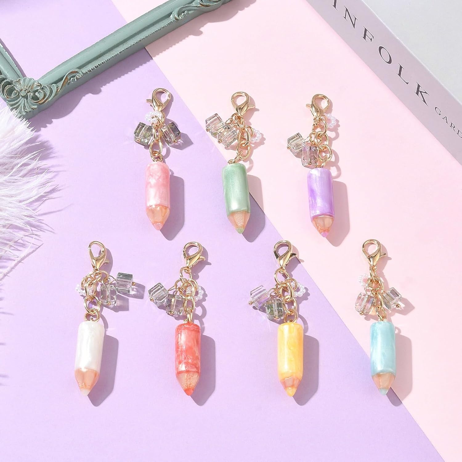 LiQunSweet 7 Pcs Resin Pencil Clip on Charms, Bag Decoration Charm Pendant, 7 Colors, Alloy Clasp, 70mm, for Handbag Cell Phone Decorations, DIY Jewelry Making