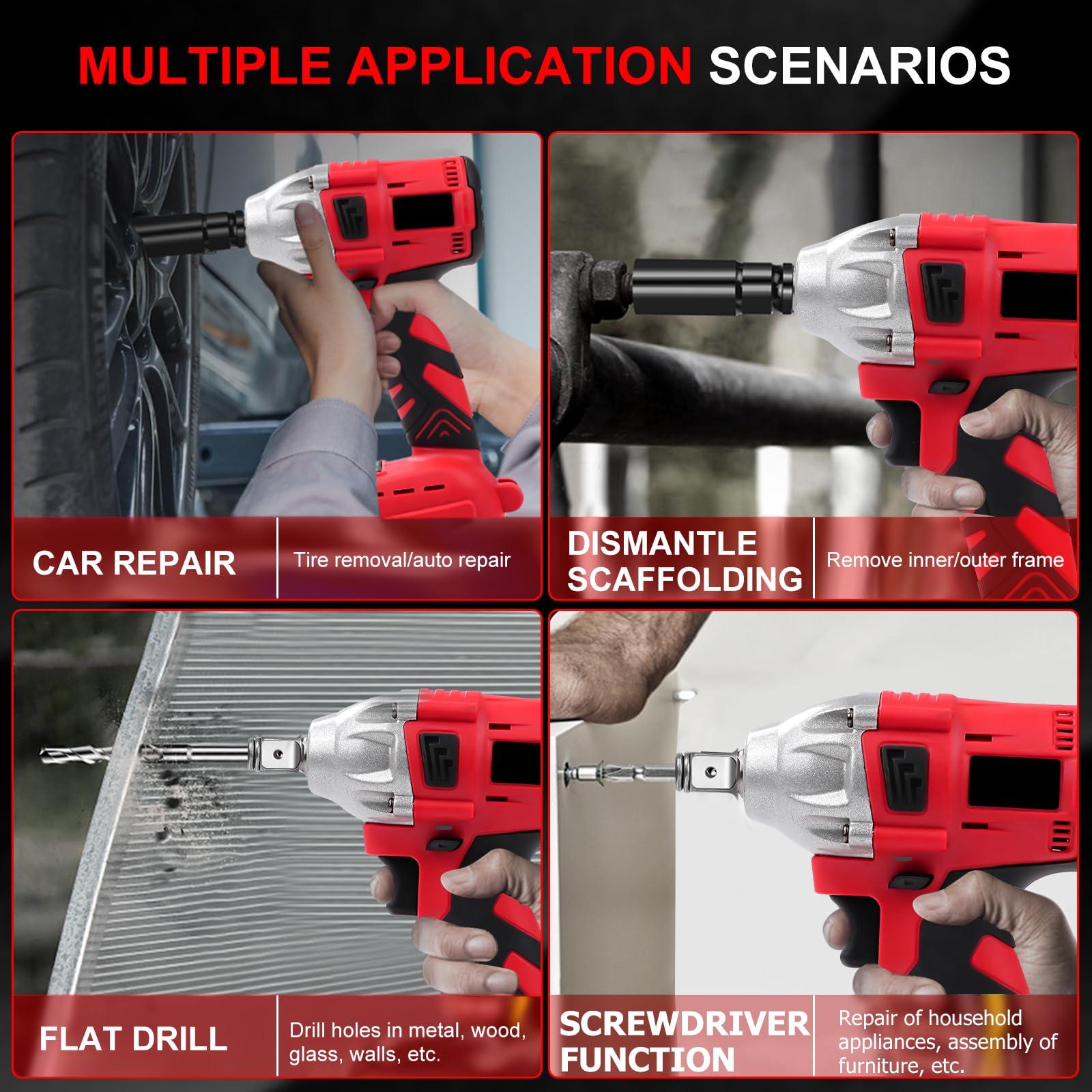 Llave de choque inalámbrica, 21 V, 300 Nm, 1/2 pulgadas, atornillador de impacto eléctrico, llave de impacto con 5 piezas, 1300 mAh, baterías para el hogar/el coche/DIY