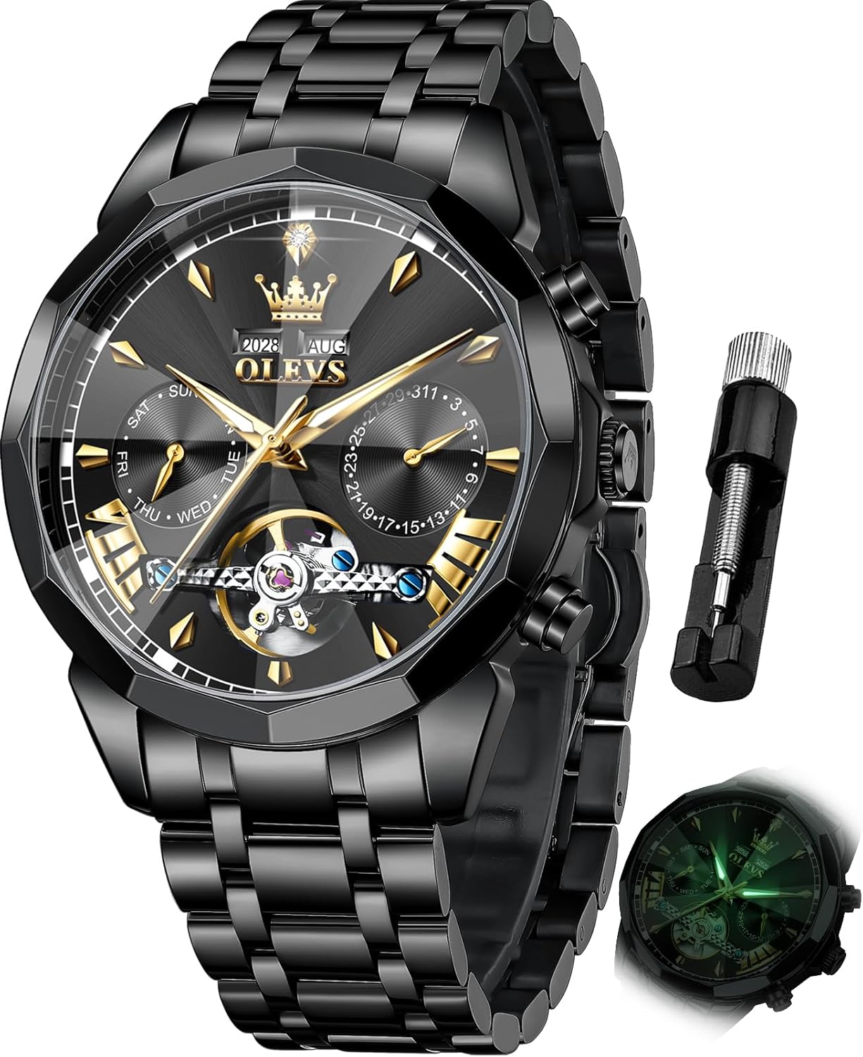 OLEVS Mechanical Men Watch Chronograph Diamond Tourbillon Date Moon Phase Adjustable Bracelet Gift Multi-Function Blue/Black/Gold/Silver Face Watch for Men