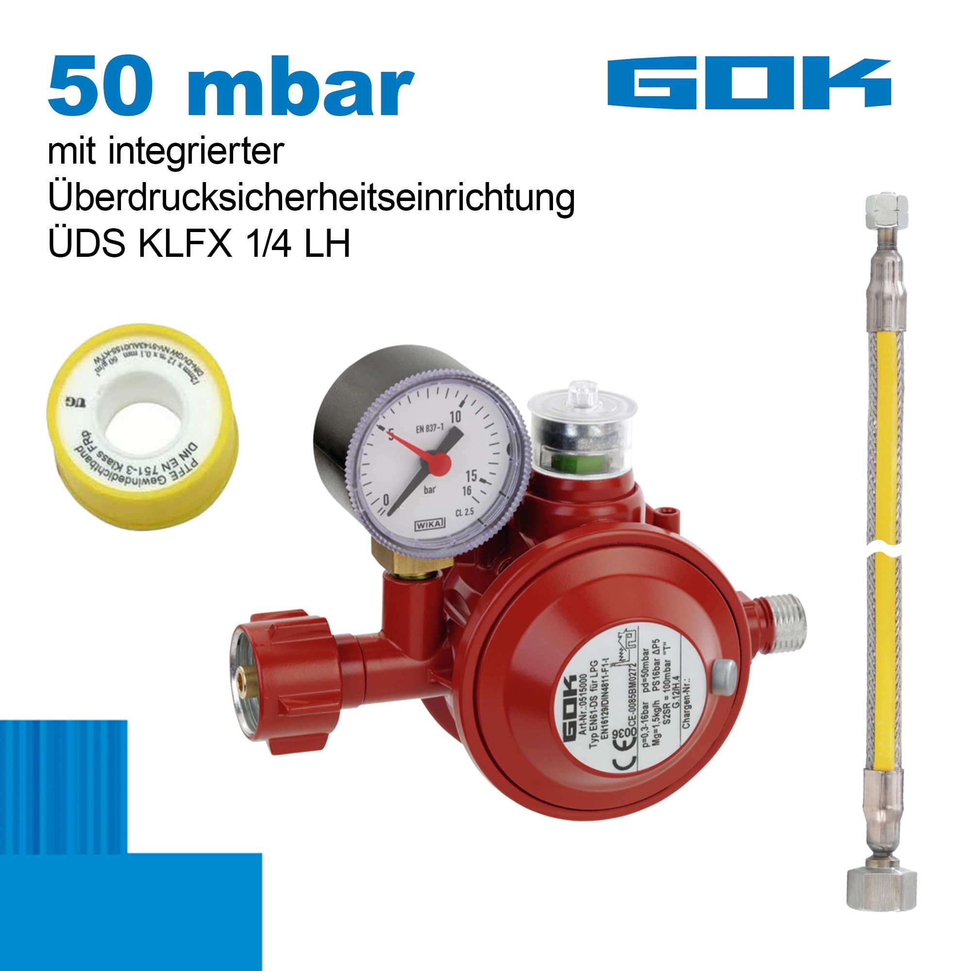 GOK Anschlussset Pro, Set aus Gasdruckminderer, Gasanschlussschlauch 1m und Abdichtungsband, für den direkten Anschluss von Geräten an die Gasflasche, Betriebsdruck:50 mbar