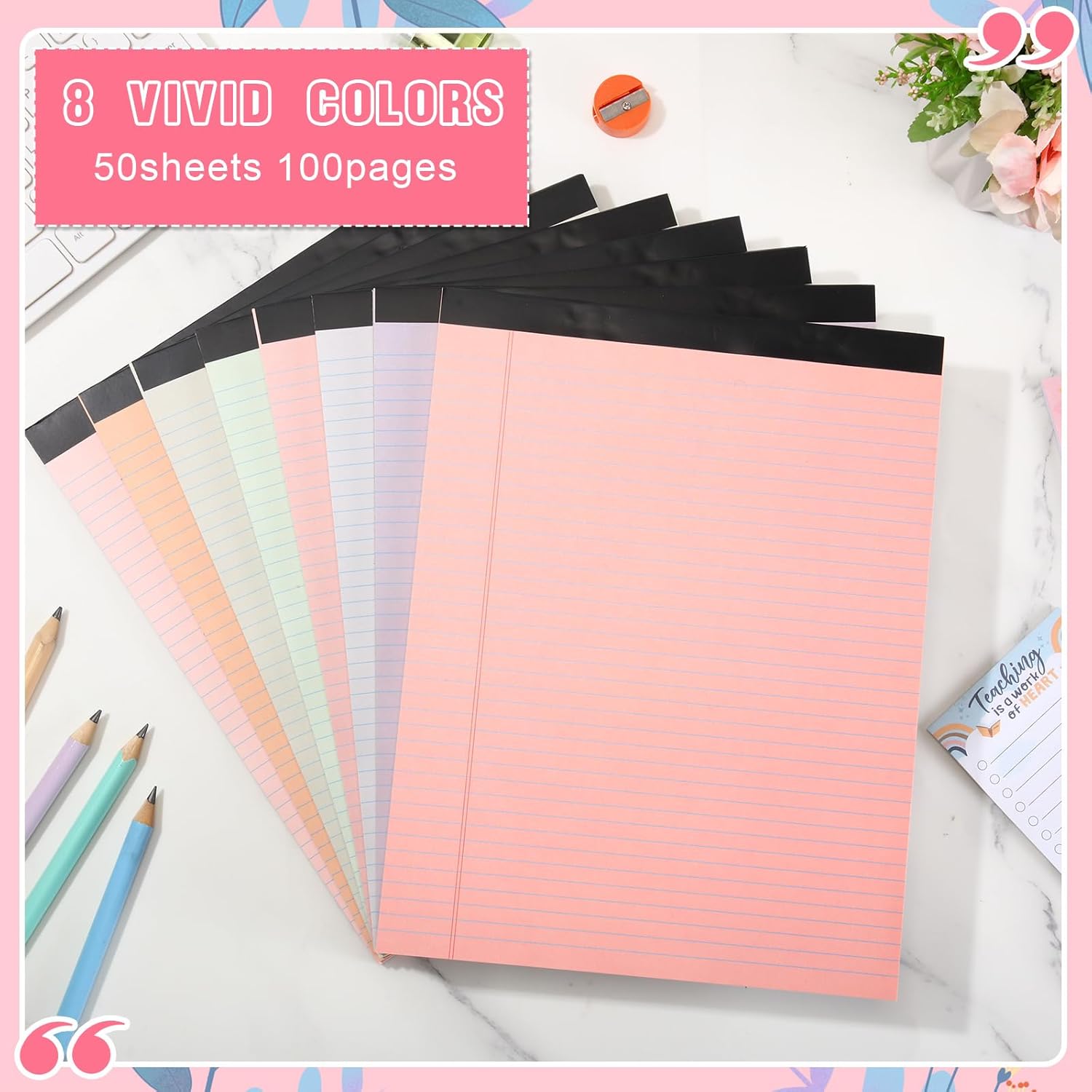 Fuutreo 8 Pcs 8.5'' x 11'' Colored Legal Pad 50 Sheets Per Writing Pads Narrow Ruled Notepad Perforated Writing Notepad Office Supplies for College Office Business (Sweet Color)
