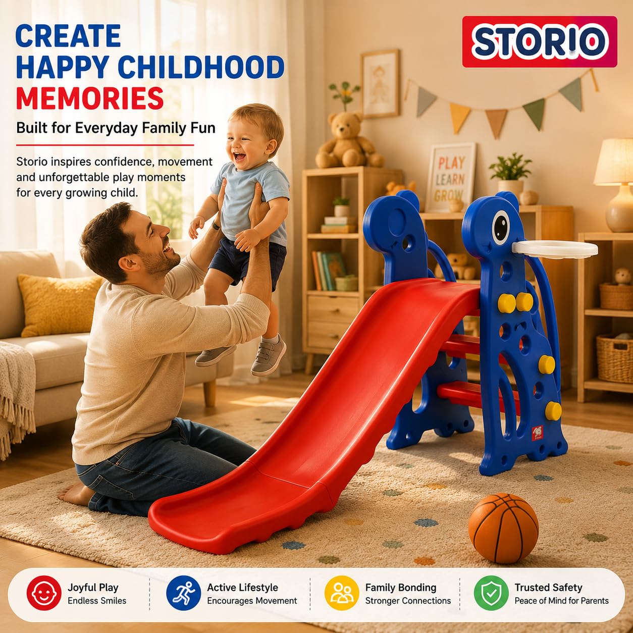 Storio Kids Slide with Basketball Hoop Giraffe Themed Indoor & Outdoor Slide for Kids Ages 2-4 | RED & Blue | Safe, Sturdy & Fun Playset | Easy Assembly Toddler Slide for Boys & Girls 2