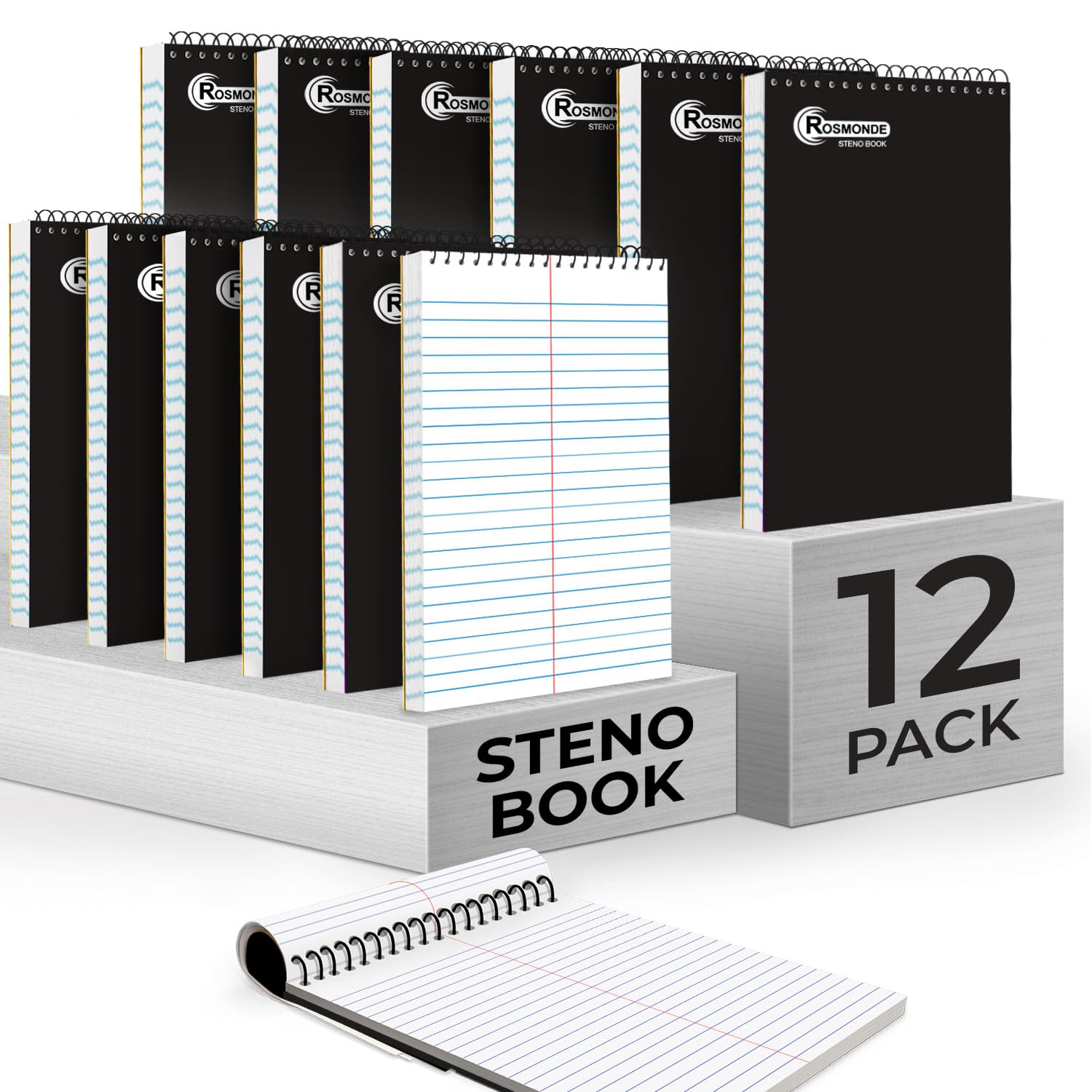 - Rosmonde 12 Pack Spiral Steno Pads, 6 x 9, Gregg Rule, Black Steno Pad, Long Lasting - 80 Sheets (160 Pages), Top Spiral Notebook, Bulk Steno Notebook for Business, Top Spiral Steno Book for Office