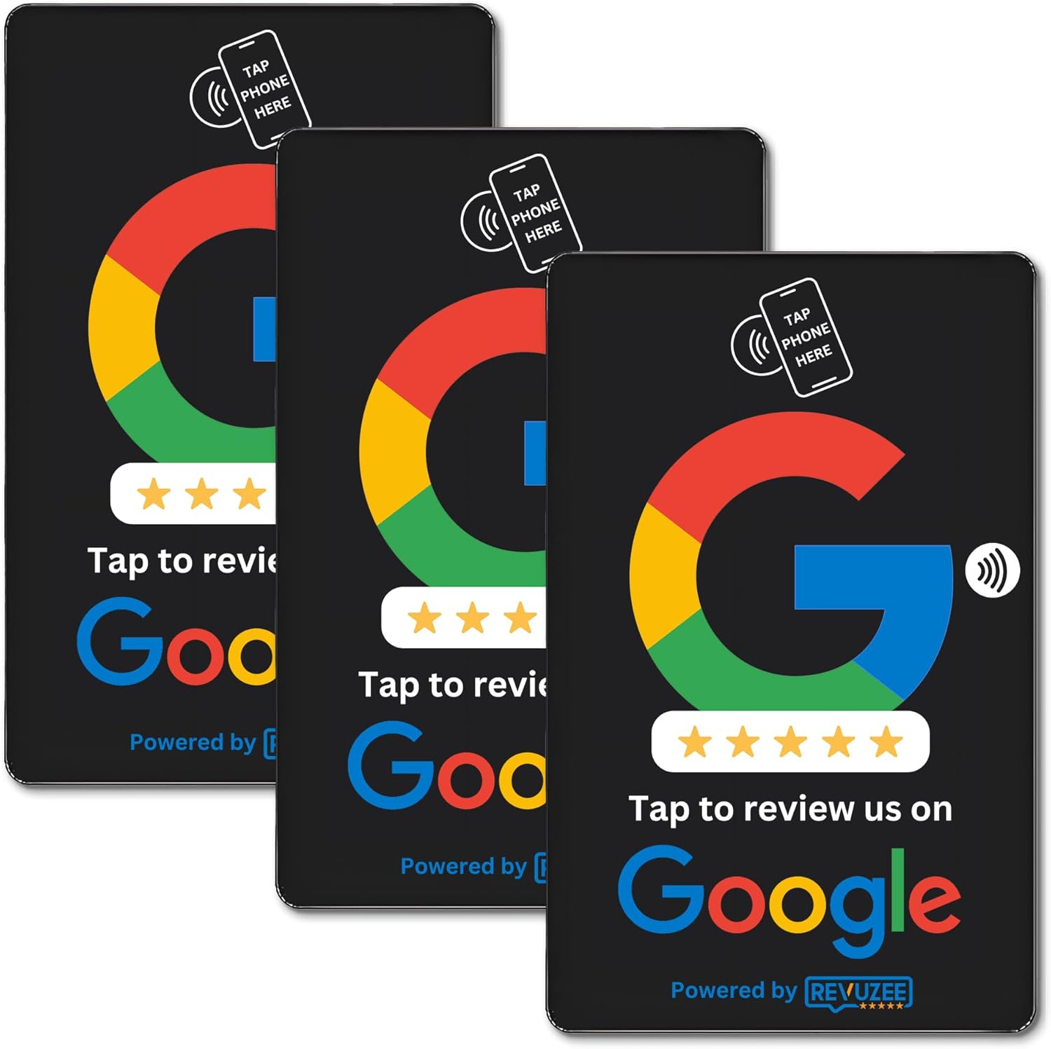 Review Tap Card for Google Profiles by Revuzee (3 Pack) | NFC and Custom QR Code Sign for Business | Includes Analytics and Customizable Landing Page | Same Size as a Standard Credit Card | White
