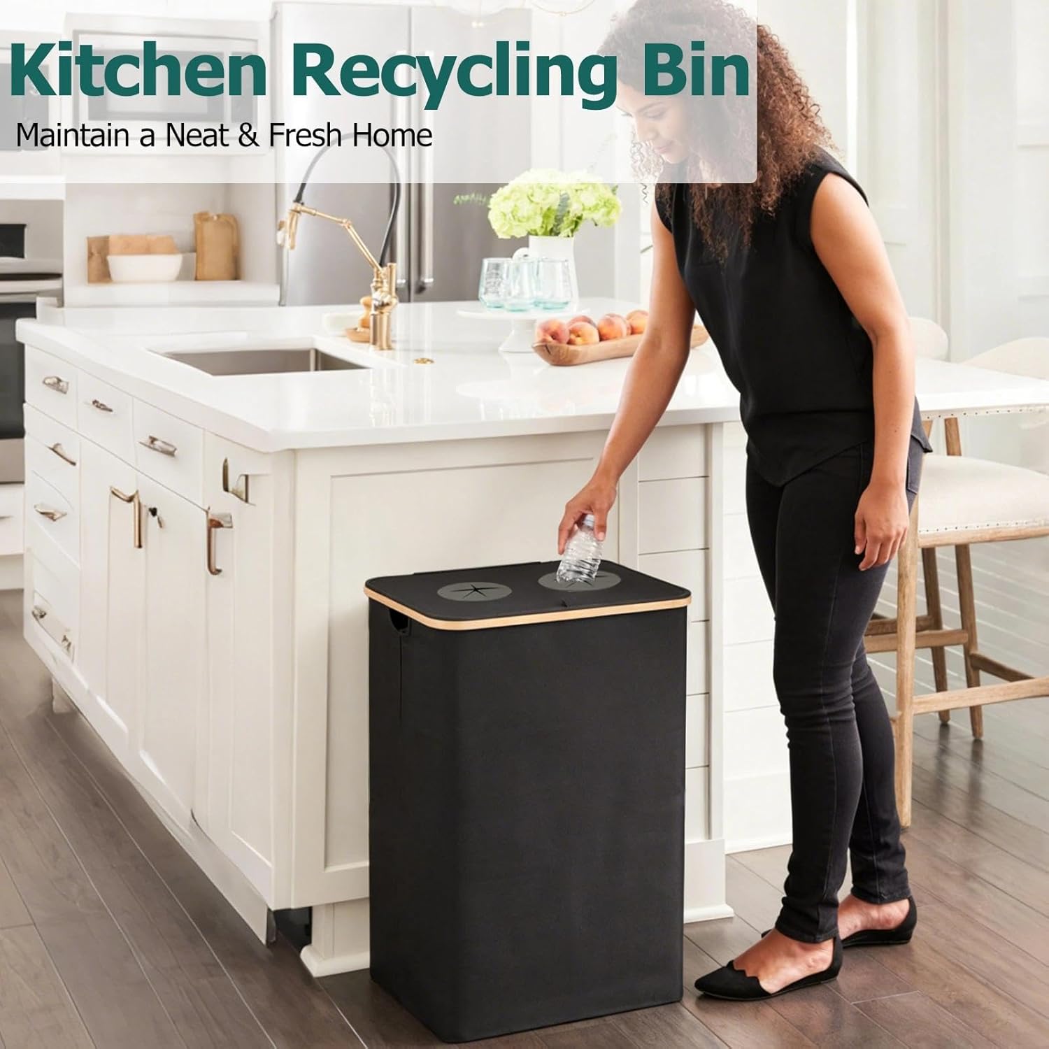 39 Gallon Large Recycling Bin for Kitchen, 140L Indoor Recycle Trash Can with Lid, 2 Compartments with 2 Removable Reusable Inner Bags for Bottle, Can, Glass, Plastic Waste, Black