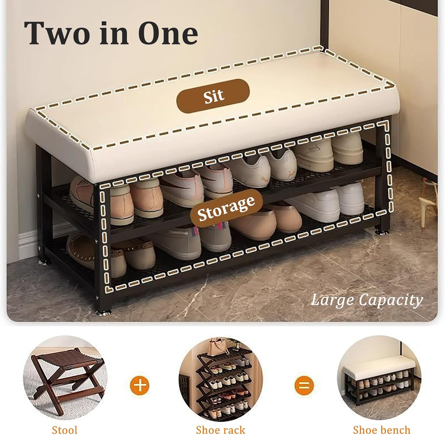 Metal Storage Bench, Upholstered Entryway, Double-Layer Footrest, Shoe Rack for Living Room, Balcony, Hallway (31.5in Width, ge)