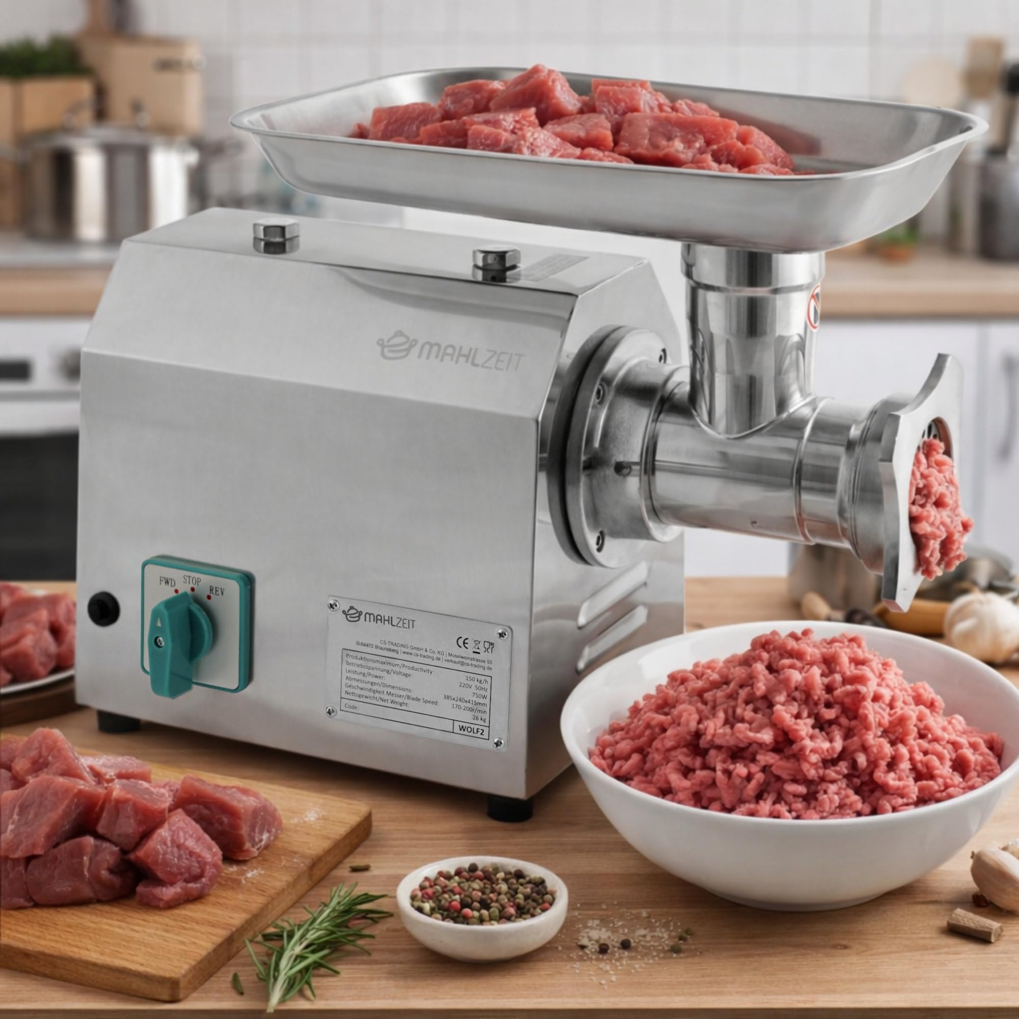 Mahlzeit Picadora Eléctrica de Carne Profesional de Acero Inoxidable | 750 W - 150 kg/h | Máquina para Embutir para Gastronomía | Embutidora | Máquina para Rellenar Salchichas, Picadora