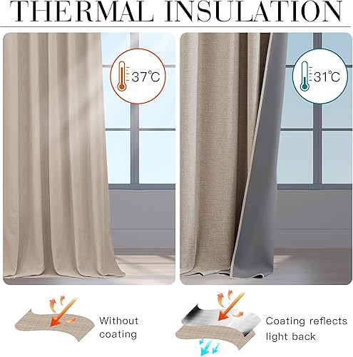 Miniatura 3 de RYB HOME Cortinas opacas con textura de lino 100% para dormitorio, cortinas aislantes de ahorro de energía para sala de estar, comedor, patio,