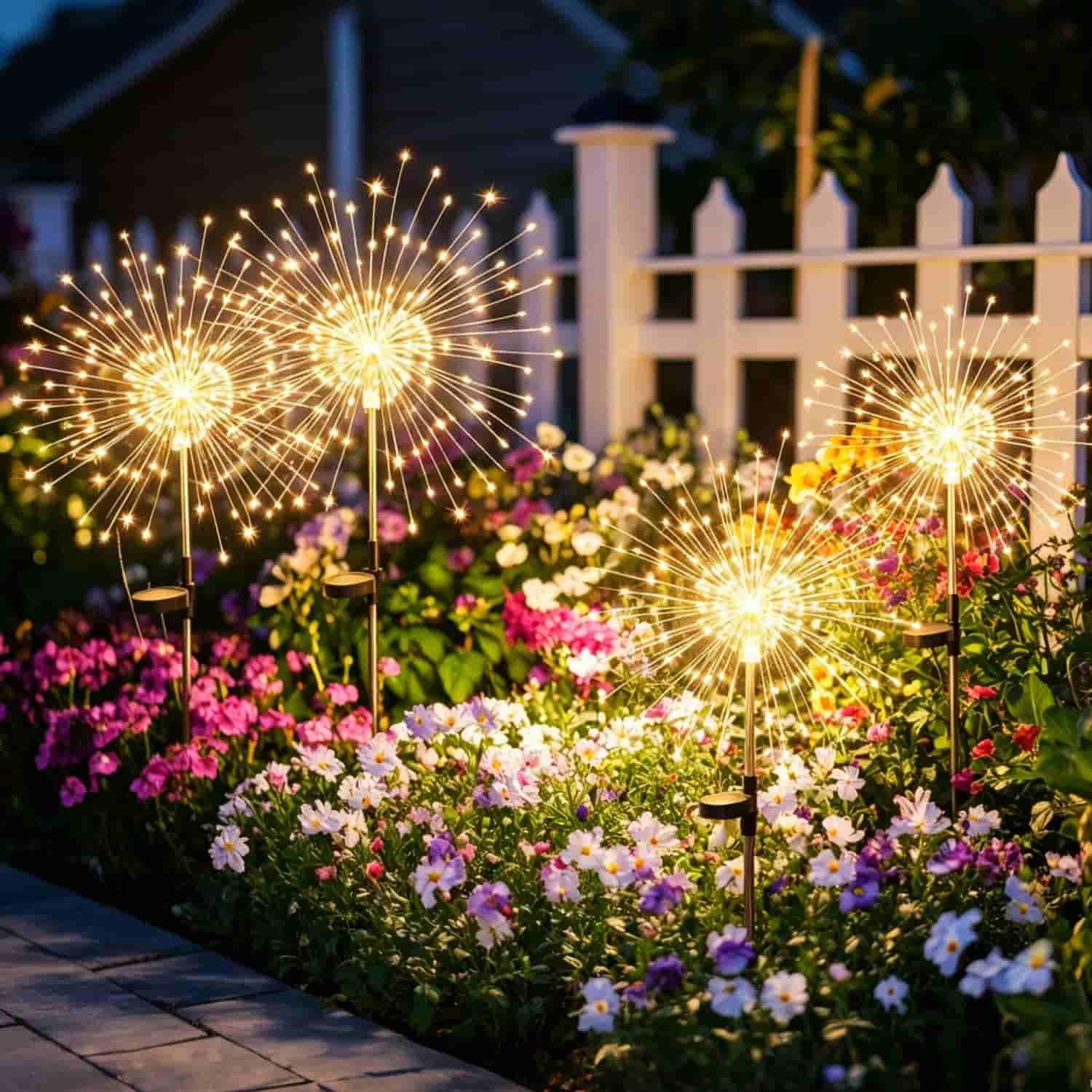 Dyuee Warm Light Solar Firework Lights Outdoor 4Packs Starburst Garden Lighting 150Leds Dandelion Garden Stake Lights 8 Modes Ip65 Waterproof Decorative Solar Lighting For Yard Patio Wedding Lawn Party (Warm Light)