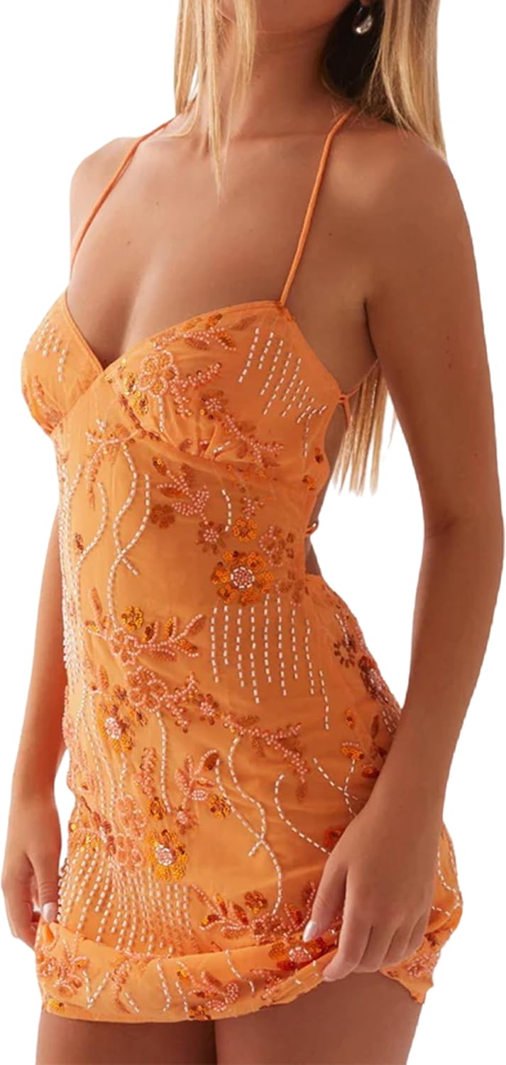 Sexy Sparkly Sequin Mini Dress for Women Sleeveless Halter Open Back Strap Club Party Cocktail Bodycon Short Outfits