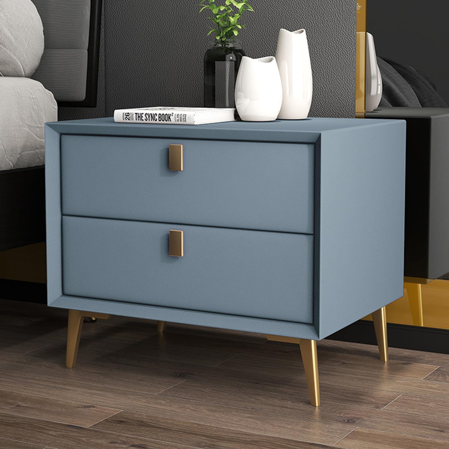 Side Table, Nordic End Table with 2 Drawers Modern Leather Nightstand Mid Century Bed Side Table Wood Accent Table for Bedroom Living Room Cabinet Storage, Light Blue 14" L x 16" W x 18.5" H 14"L x 16"W x 18.5"H Light Blue