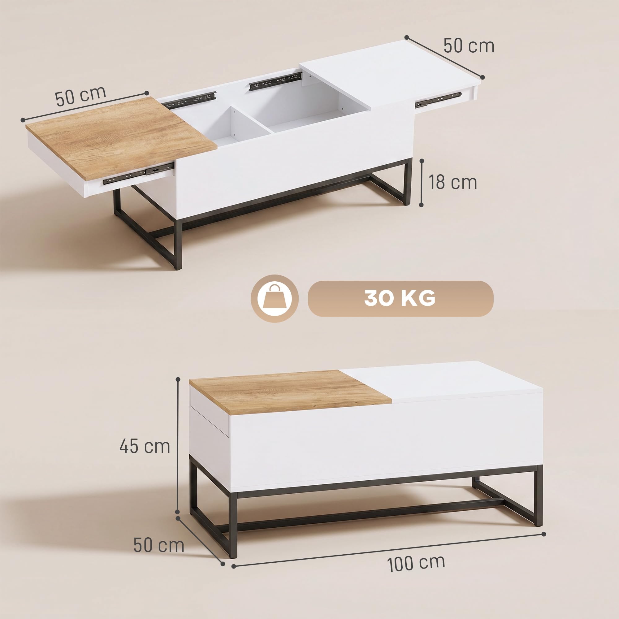 HOMCOM Tavolino Caffè Ripostiglio Nascosto 100x50x45cm Rovere+Bianco