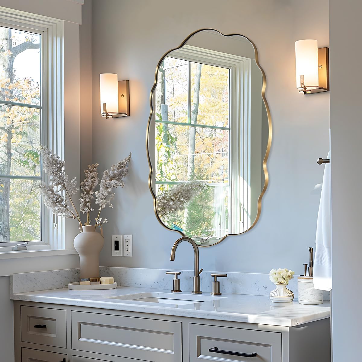 ANDY STAR Oval Bathroom Mirror, 24x36 Inch Scalloped Wall Mirror, Modern Brushed Gold Wavy Mirror, Anti-Rust Brass Metal Mirror for Bathroom Hang Vertical or Horizontal Brushed Gold 36"L x 24"W