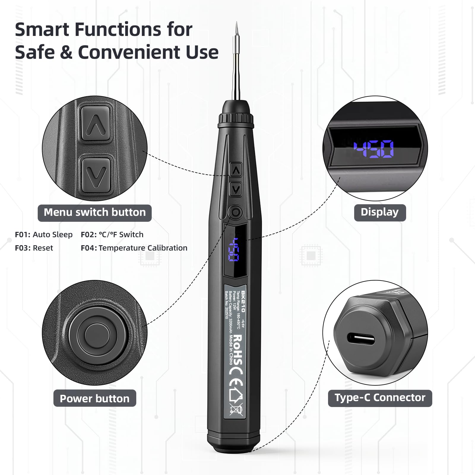 SMOOL Soldador Inalámbrico 12W, Calentamiento 8s, Batería 3200mAh, Temp. 180-450℃ LCD PID, Reposo Automático, 3 Puntas C210 para Reparación Electrónica y Bricolaje