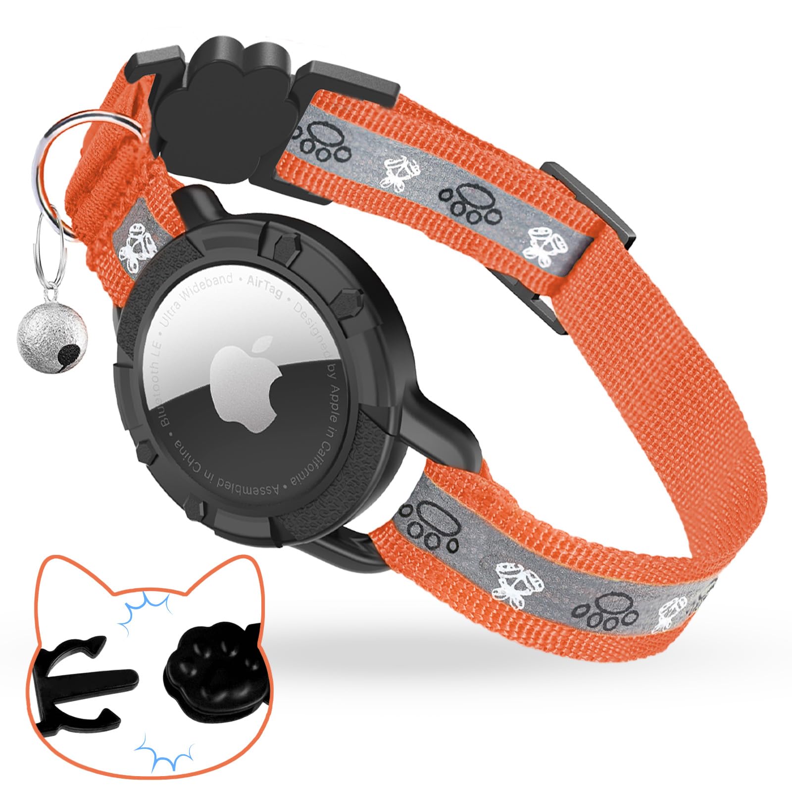 JIARUI Airtag Cat Collar Breakaway, Reflective Cat Collar with Bell