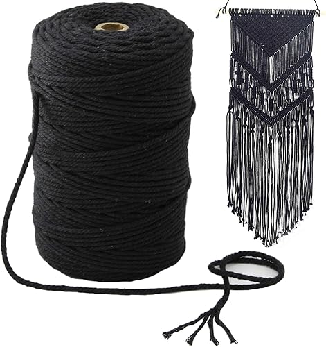 Mygogo - Cuerda de macramé de 0.118 in x 219 yardas (aproximadamente 656.2 ft, 656 pies), cuerda de algodón de color negro, 4 hebras, cuerda de
