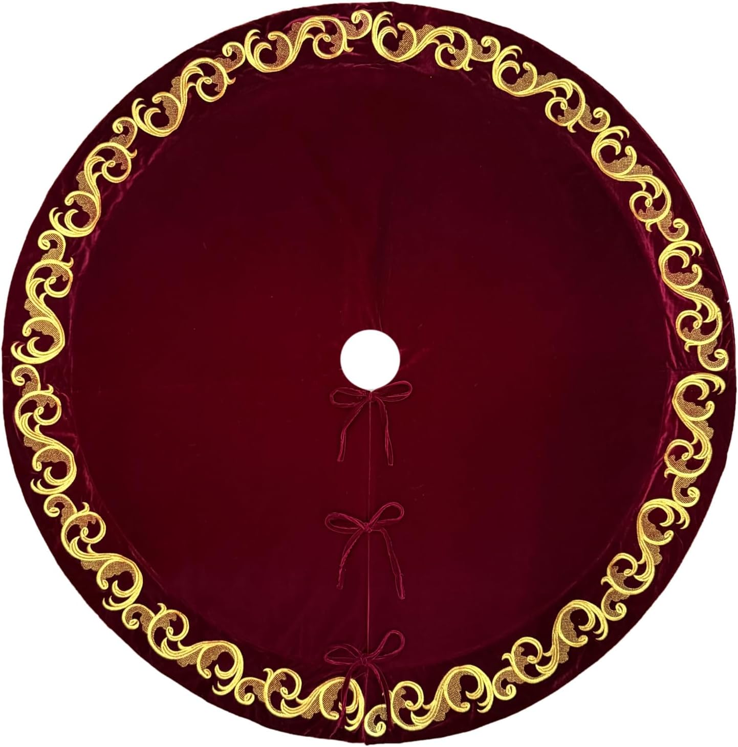70 Inch Velvet Christmas Tree Skirt with Golden Swirl Embroidery and Lace Tie Closures, Burgundy