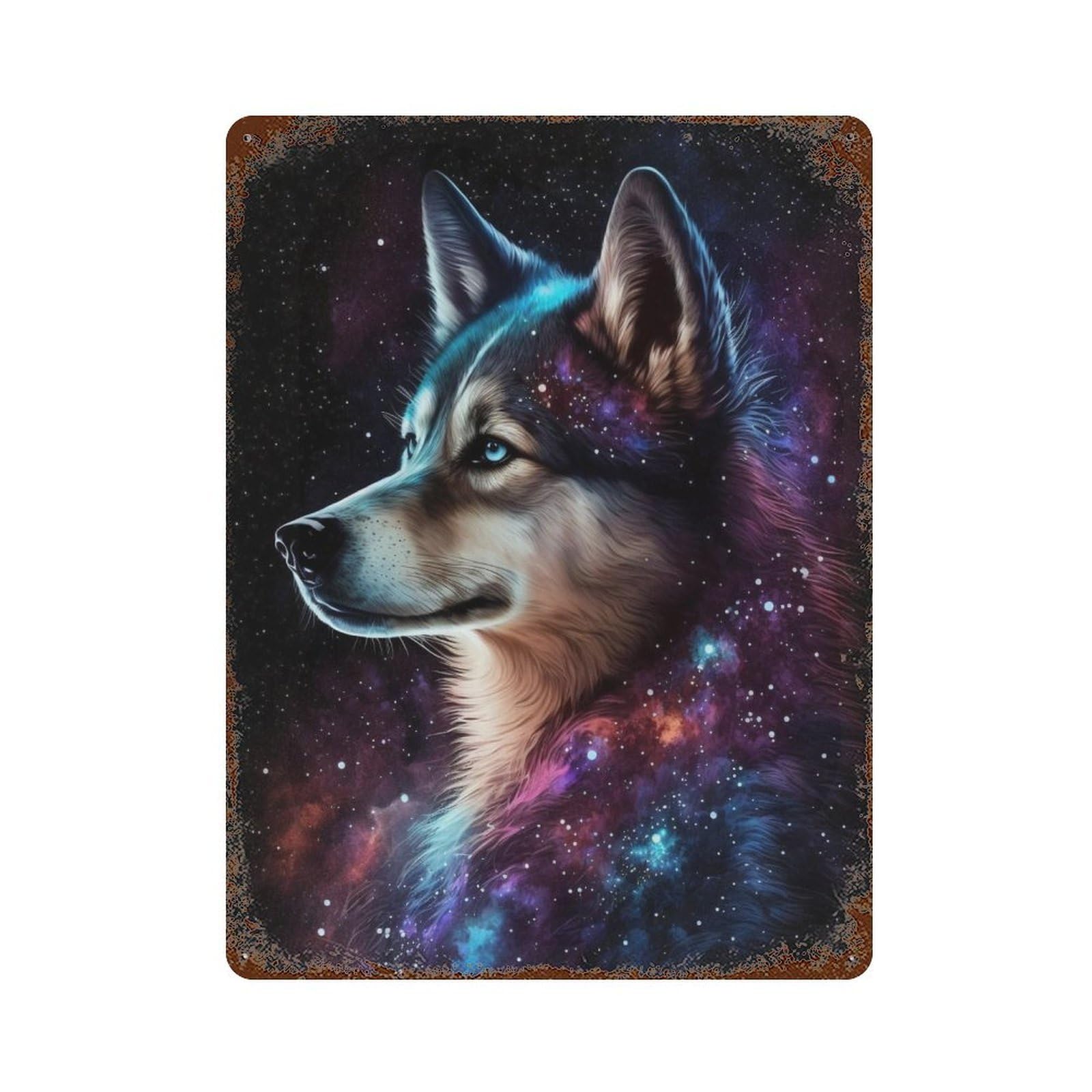 Aged Metal Wall Plaque with Cosmic Wolf Portrait-9 Design 15.7"x11.8", for Farmhouse, Kitchen And Entryway Decor, Old School Wall Decor