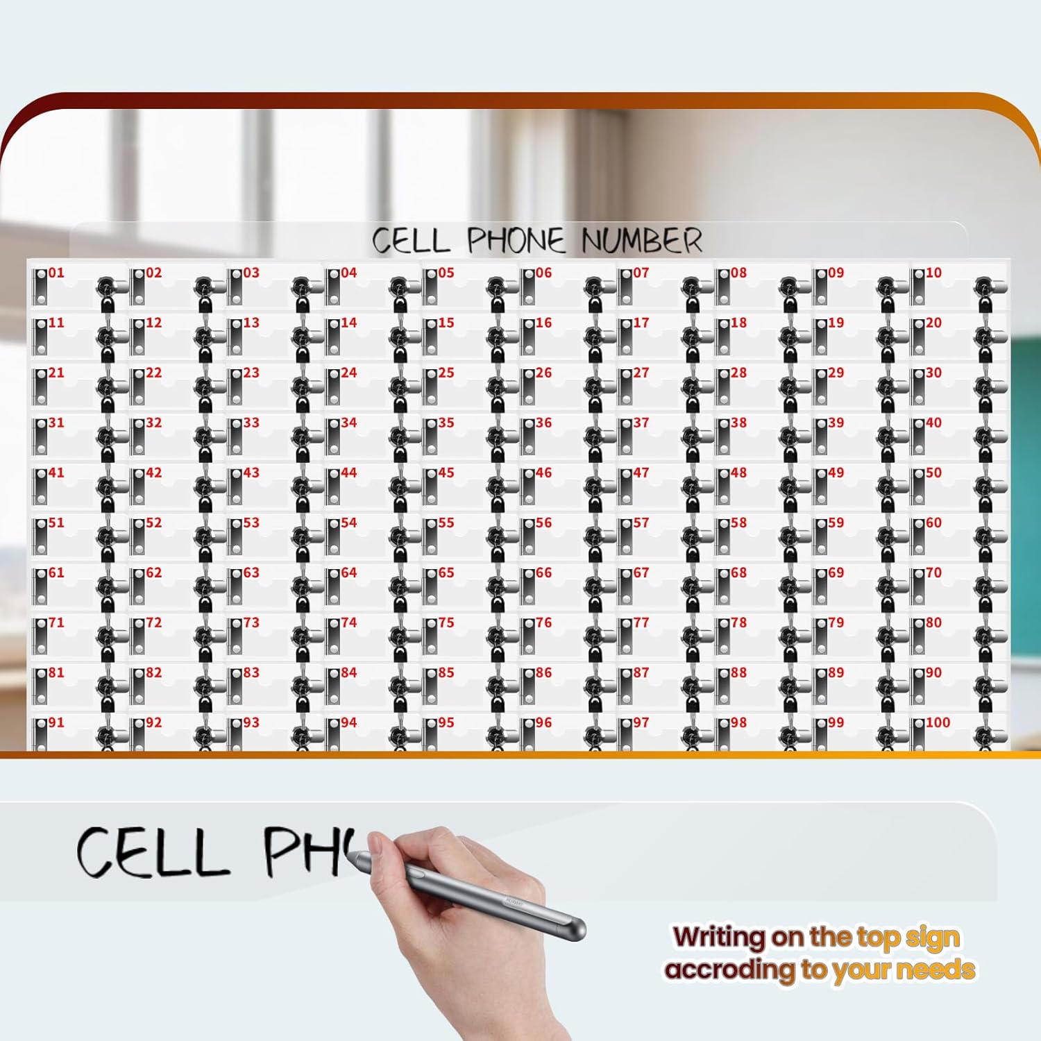 100 Slots Acrylic Cell Phone Locker - Wall-Mounted Clear Storage Cabinet with Keys for Office, Classroom, Gym & School - Secure, Accessible Cell Phone Storage Solution