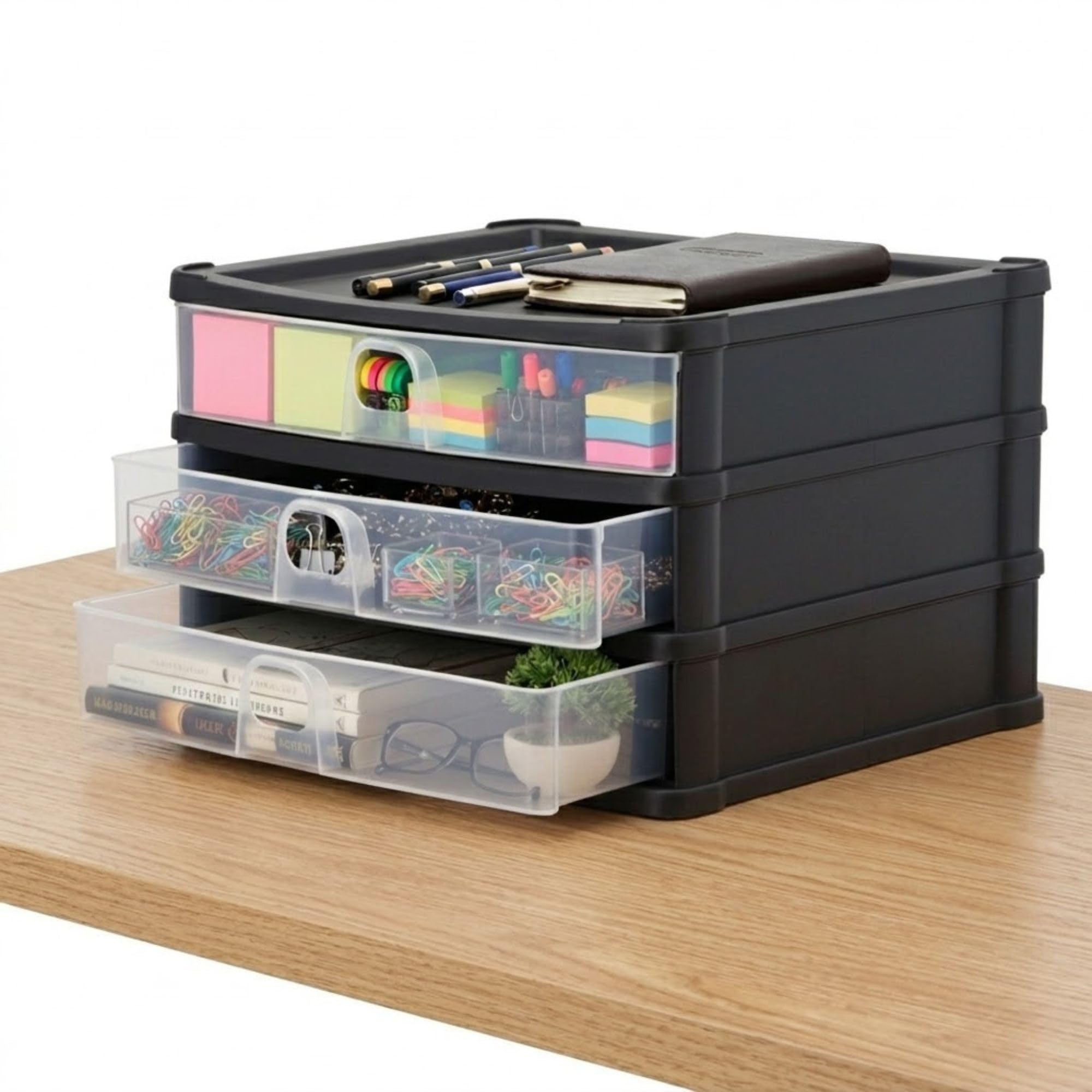 AOC24 1pc A4 Drawer Desk Storage Unit, Space Saving Paper Storage Drawer, Stationery Desktop Tower Clear View, Easy Pull Out Finger Hole Tabletop Organiser For Office Workspace Stationery (3 Shallow)