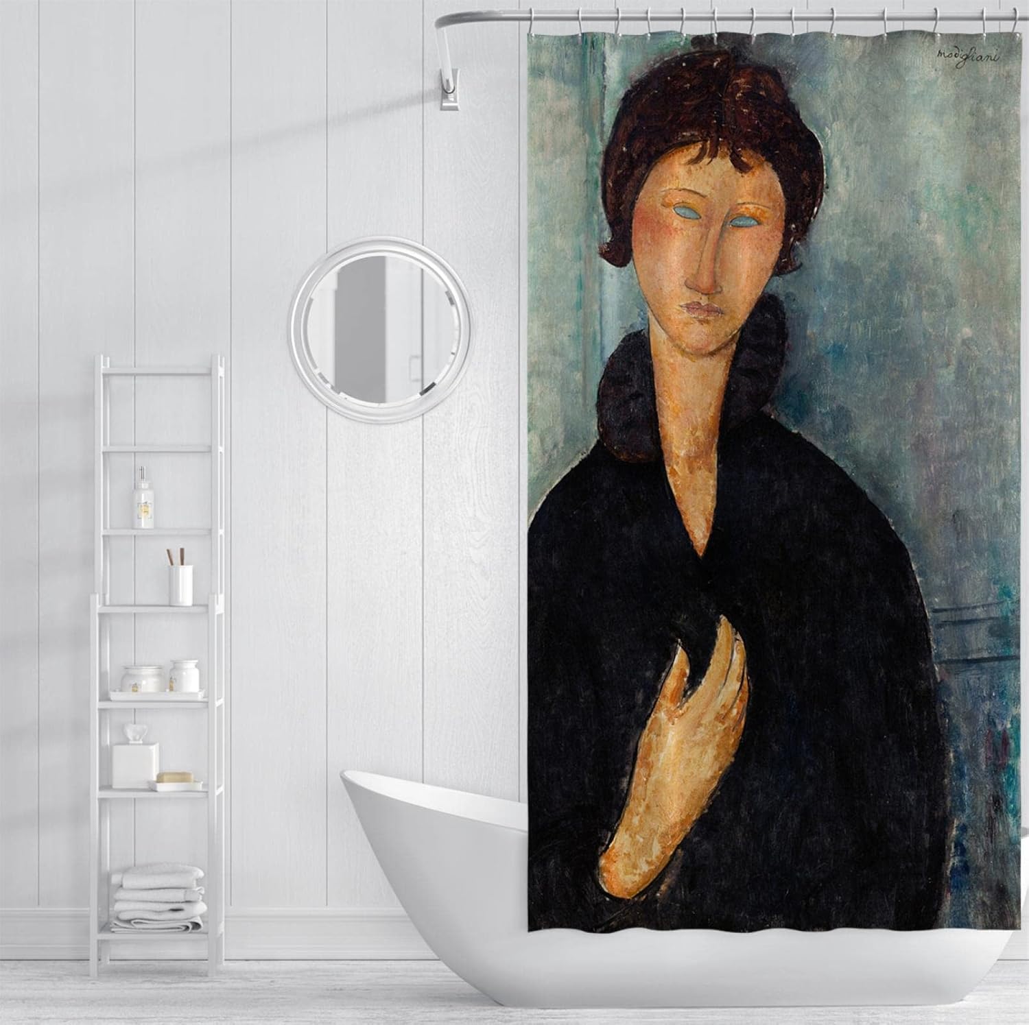 Woman Portrait Shower Curtain Liner Amedeo Modigliani Black Clothes Girl Bath Curtain with Hooks for Hotel Decor Washable Privacy Design W60 x L72(in)