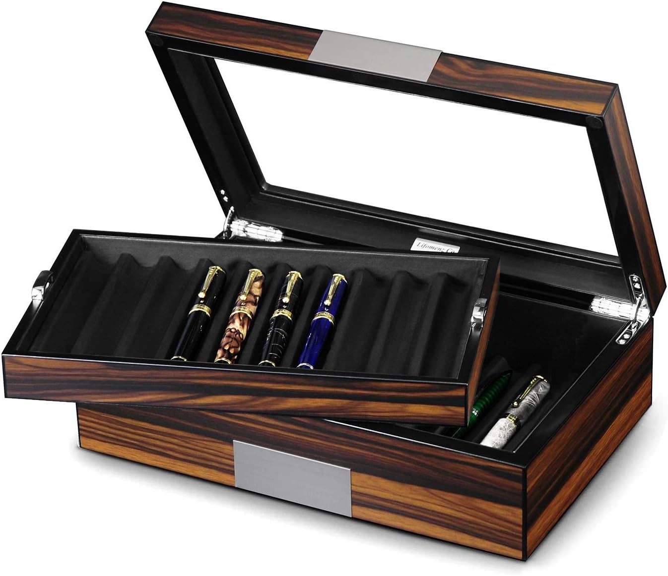 Pen Display Case - Ebony Wood Storage Box with Glass Window, Holds 20 Fountain Pens, Luxury Pen Organizer for Collectors