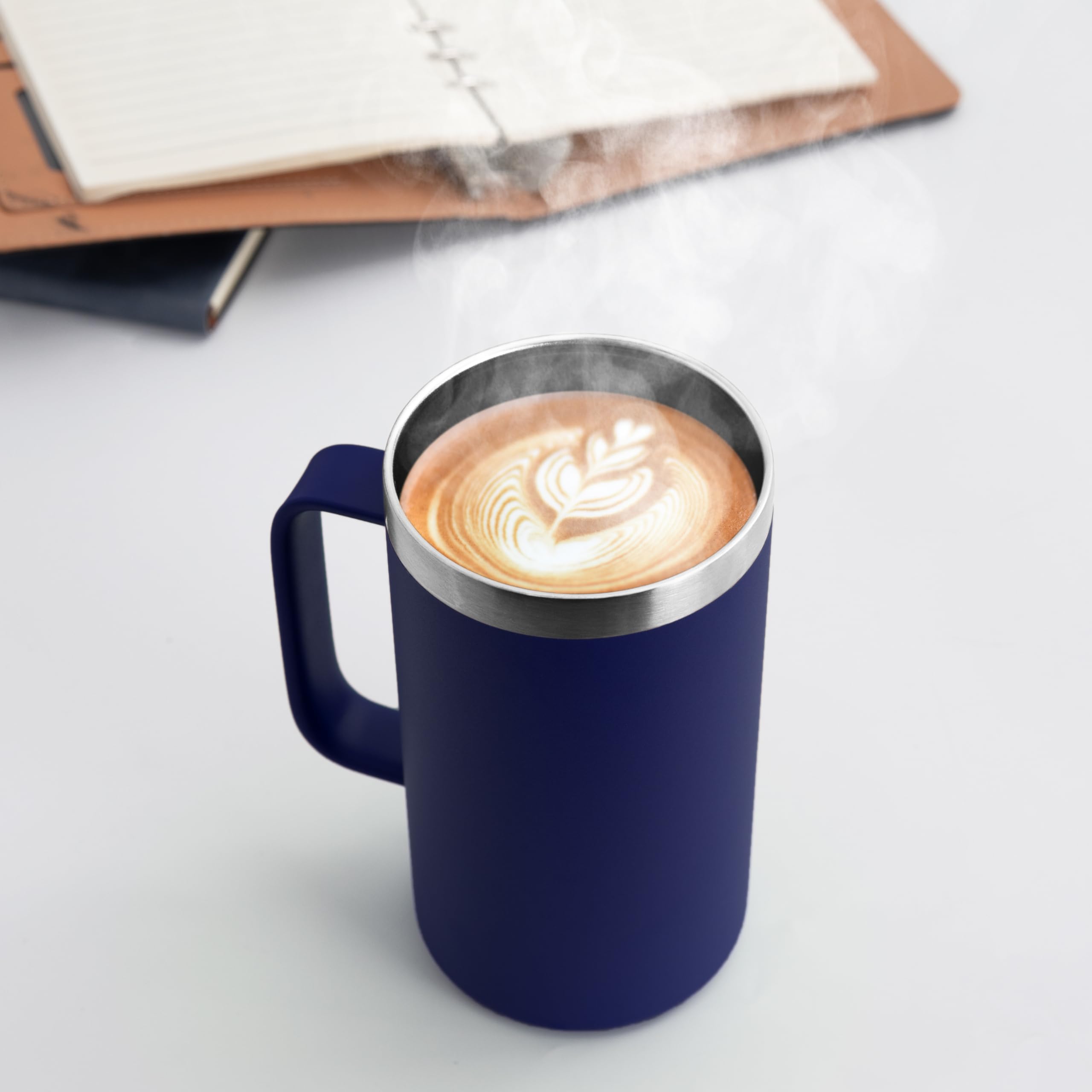 DOMICARE Taza de café de acero inoxidable de 24 onzas con asa y tapa, taza de viaje con asa, vaso de café al vacío de doble pared, taza aislada reutilizable, azul marino, paquete de 8