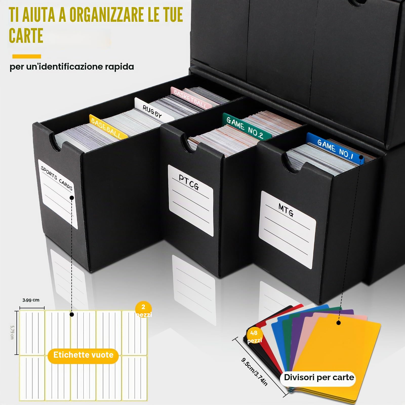Deck Box per Carte Mtg,Scatola Carte Pokemon Collezionabili da 12000+ Toploader con 48 Divisori,Etichette e Nastro Adesivo,Contenitore Carte Pokemon per Carte TCG MTG YuGiOh