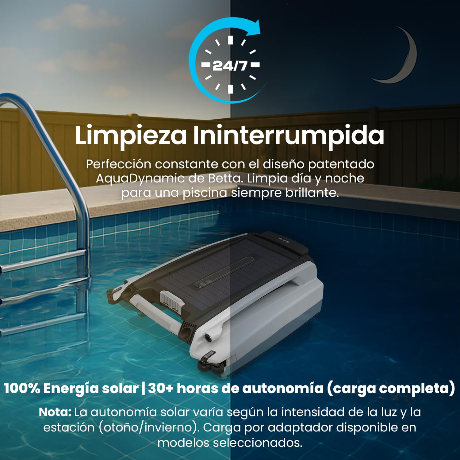Betta SE Robot Skimmer de Piscina Solar - Limpiador Automático de Superficie, Batería de 30h, Motores Resistentes a Sal y Cloro, Evitación de Obstáculos, Limpieza 24/7 (Blanco)