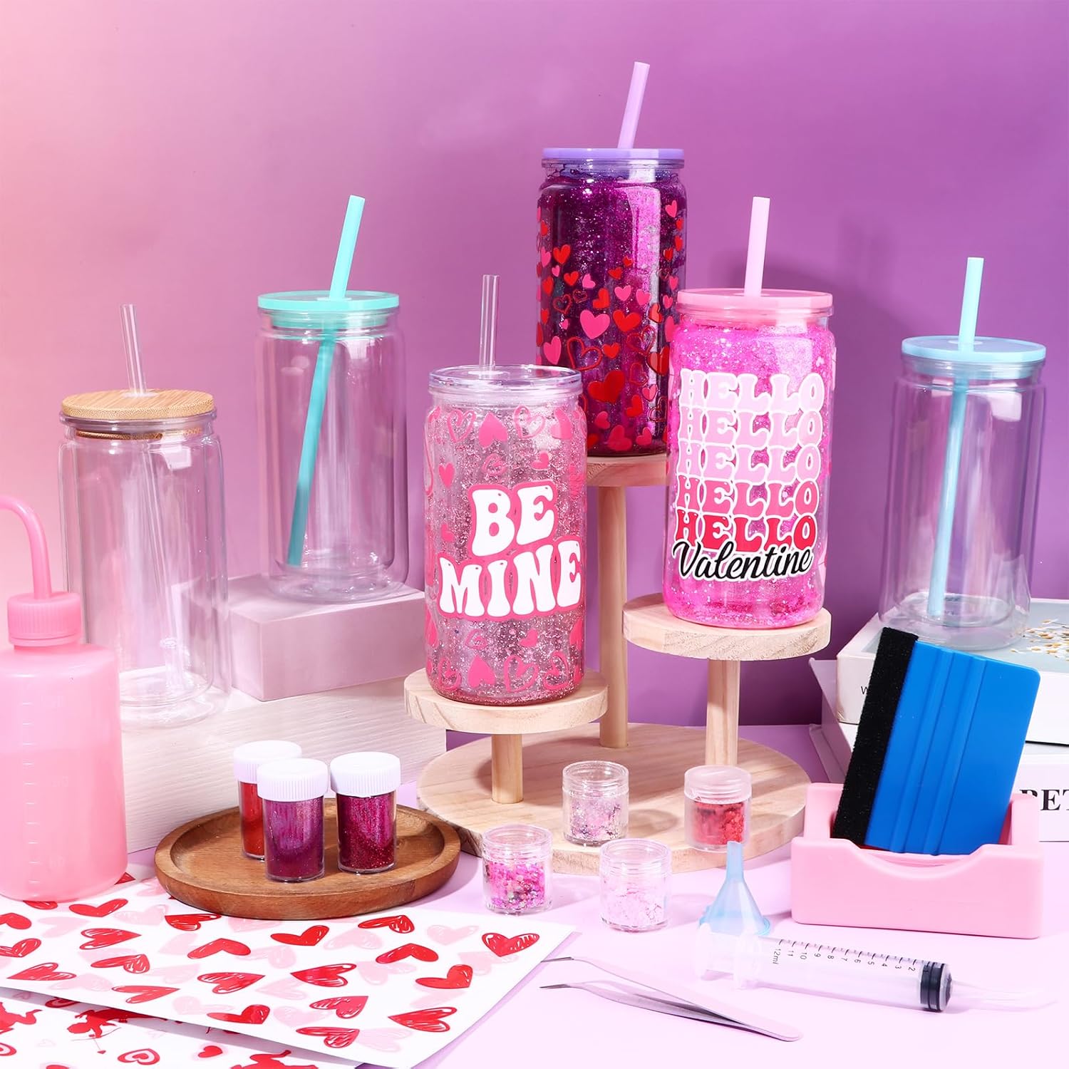 33 Pcs Valentine's Day Globe Tumbler Supplies-16 oz Plastic Snowglobe Cups Squeeze Bottle Bent Spout Syringe Tweezers Funnels Powder Scraper Cup Holder Stickers for Glitter Snow Globe DIY - Image 9